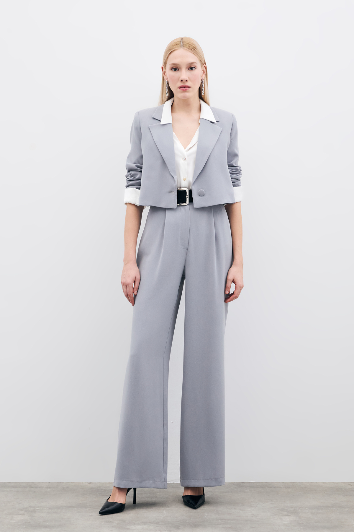 Pileli Krep Pantolon - Gri