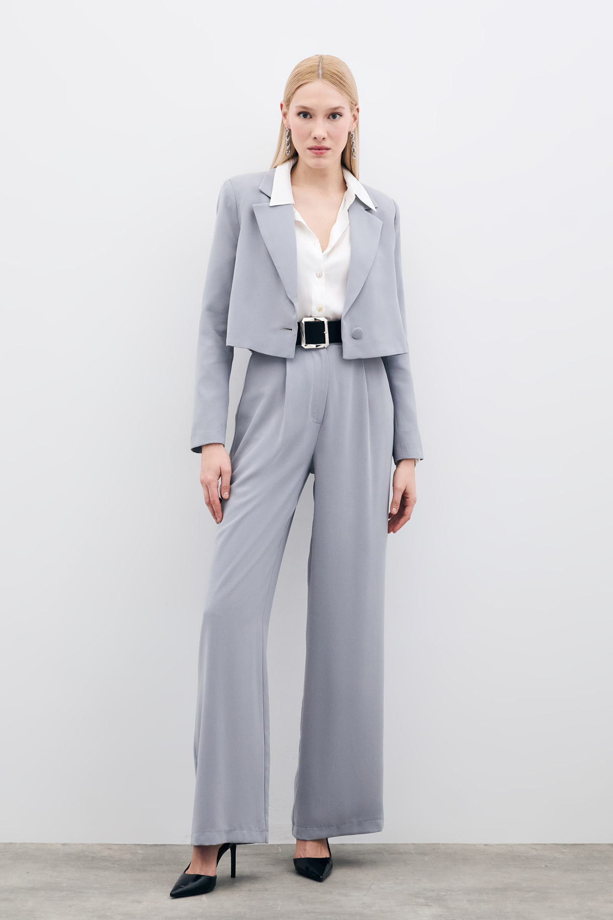 Pileli Krep Pantolon - Gri