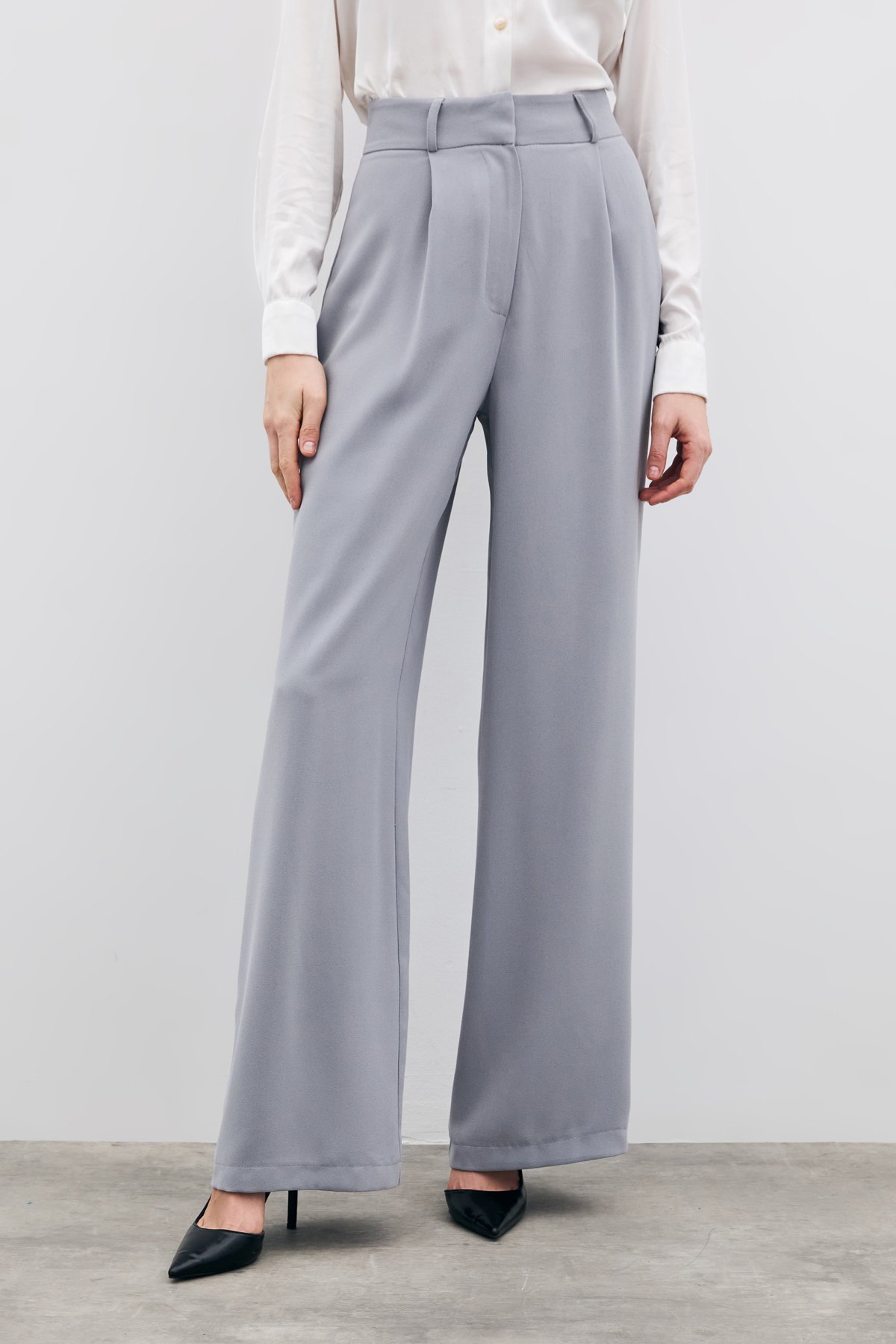 Pileli Krep Pantolon - Gri