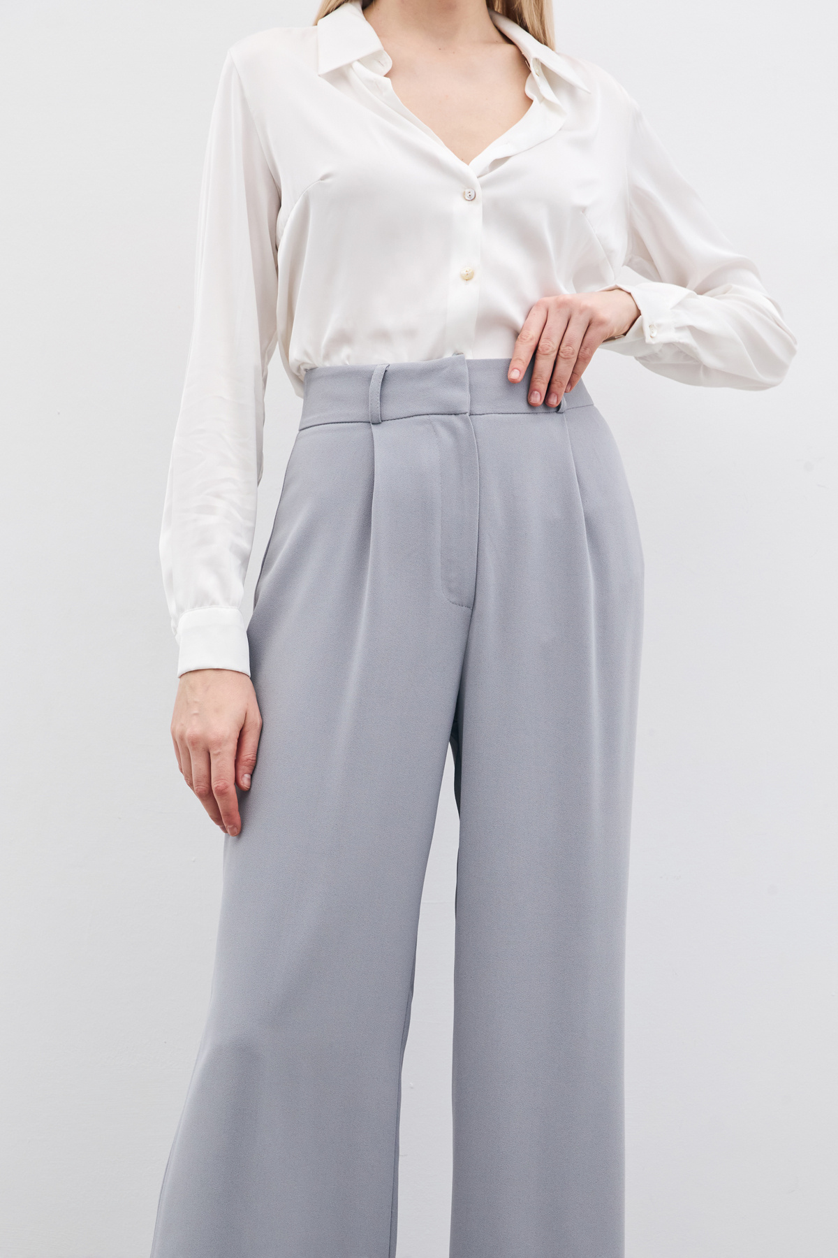 Pileli Krep Pantolon - Gri