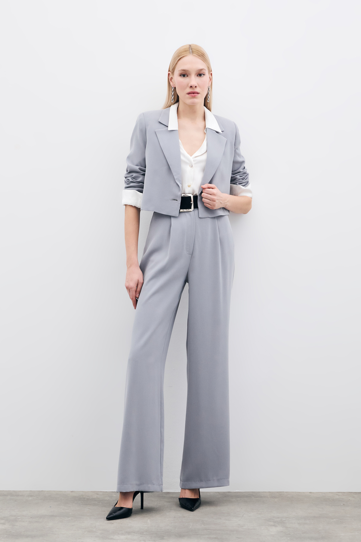 Pileli Krep Pantolon - Gri