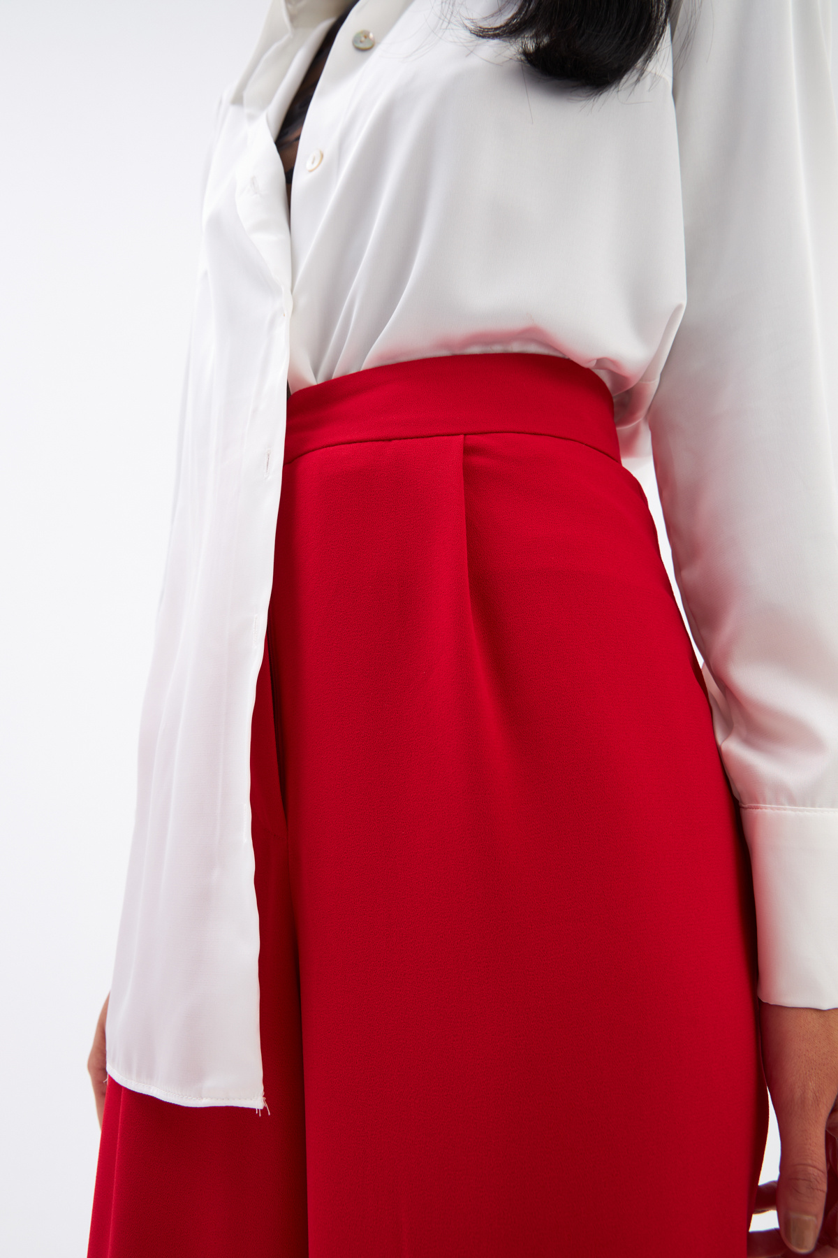 Pileli Krep Pantolon - KIRMIZI