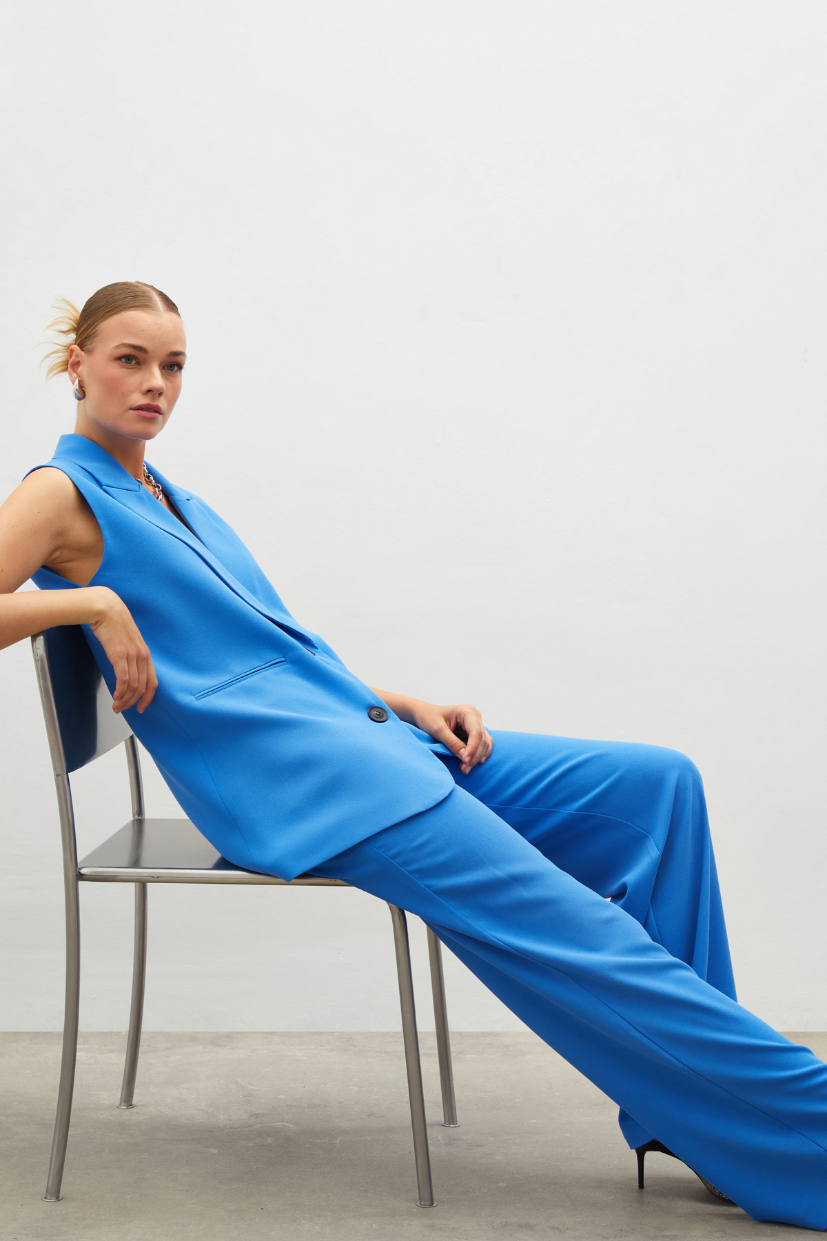 Pileli Krep Pantolon - MAVİ