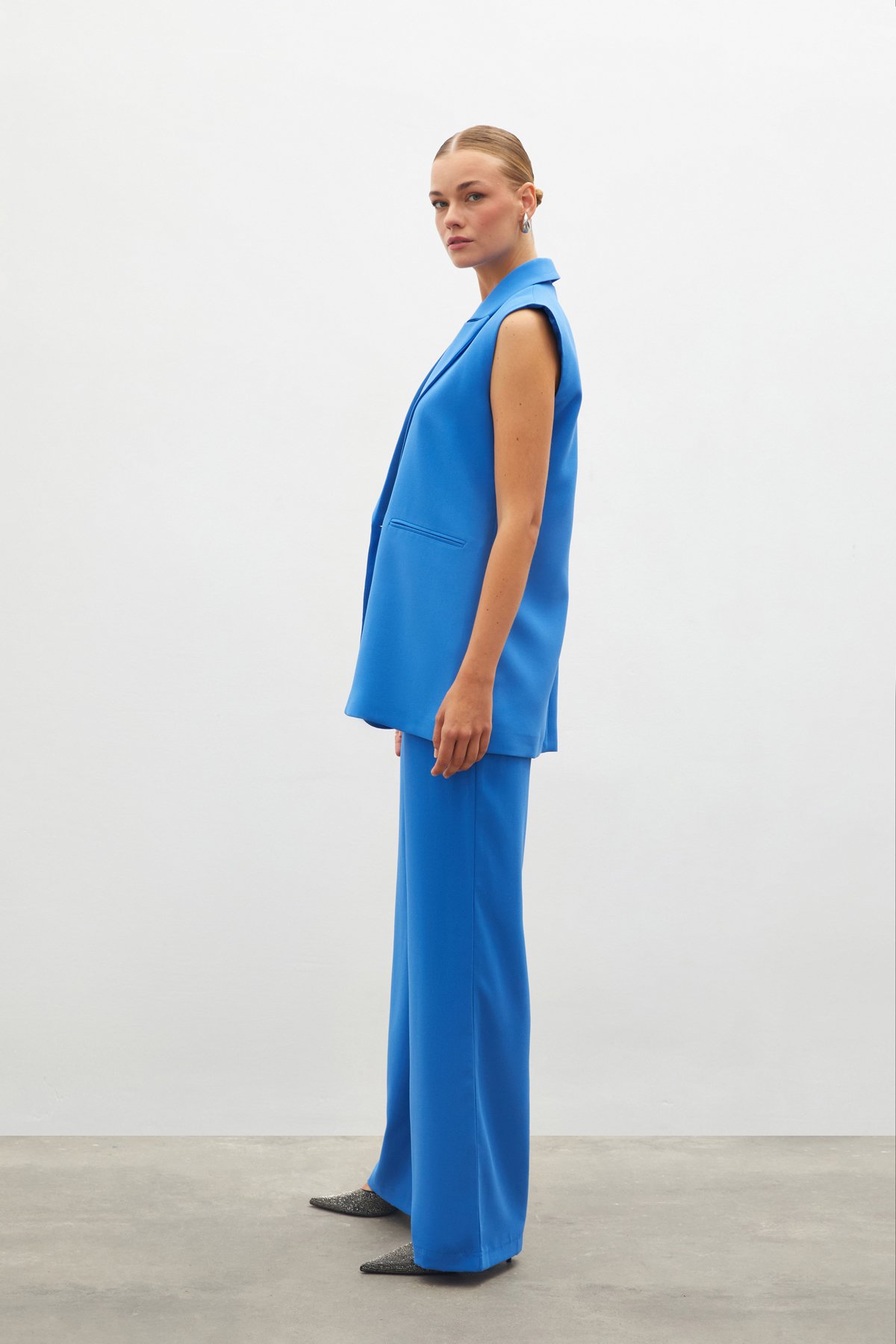 Pileli Krep Pantolon - MAVİ