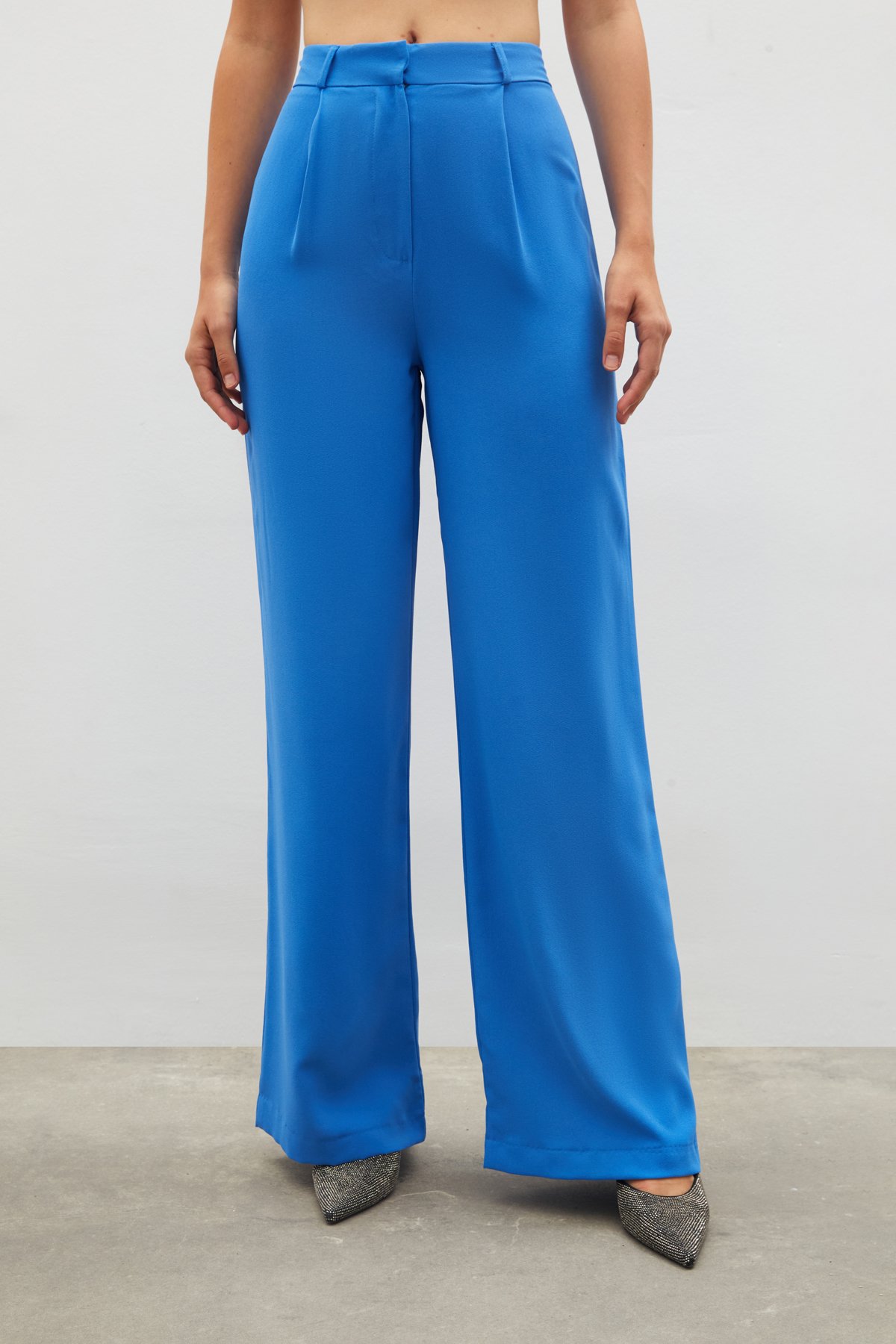 Pileli Krep Pantolon - MAVİ