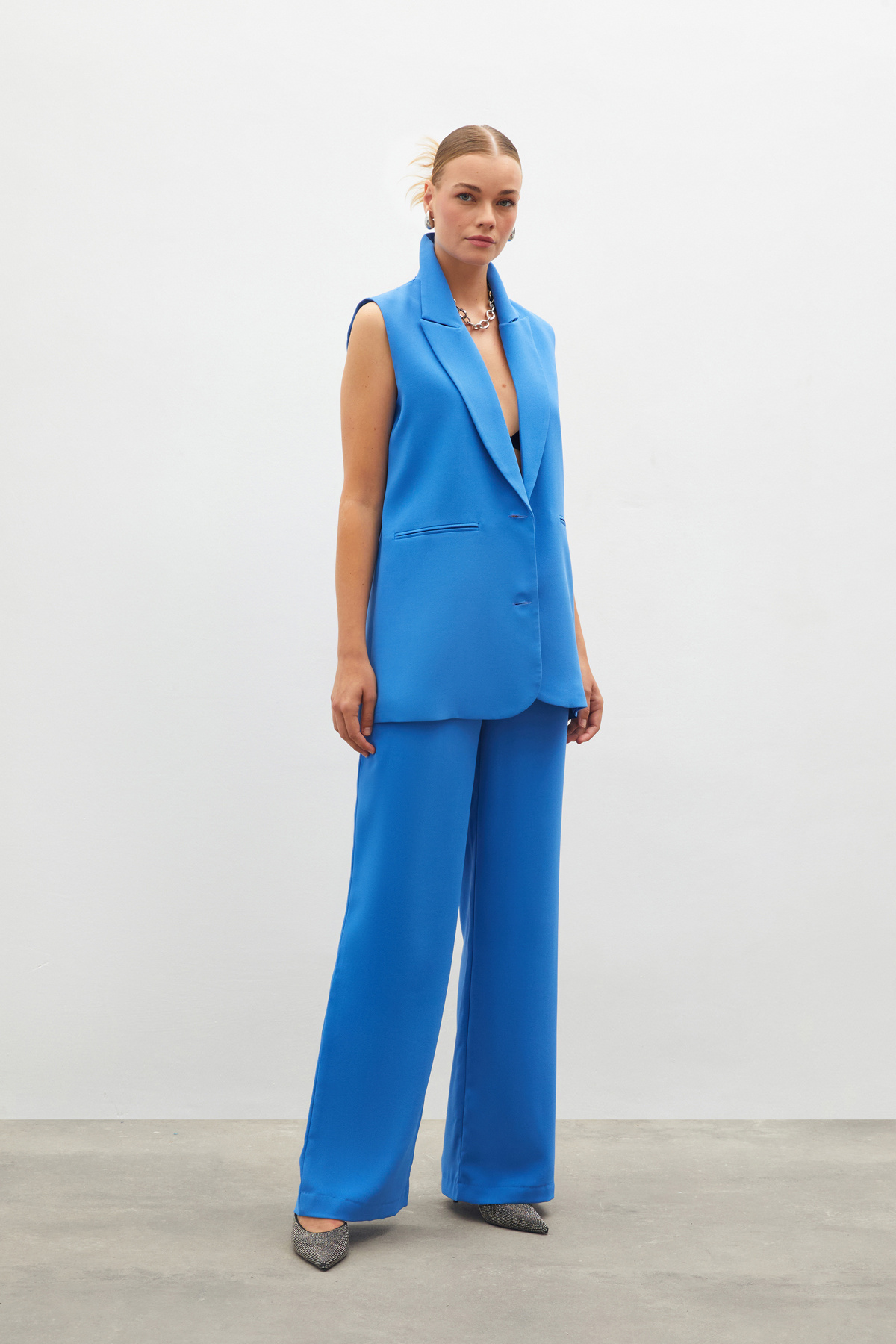 Pileli Krep Pantolon - MAVİ