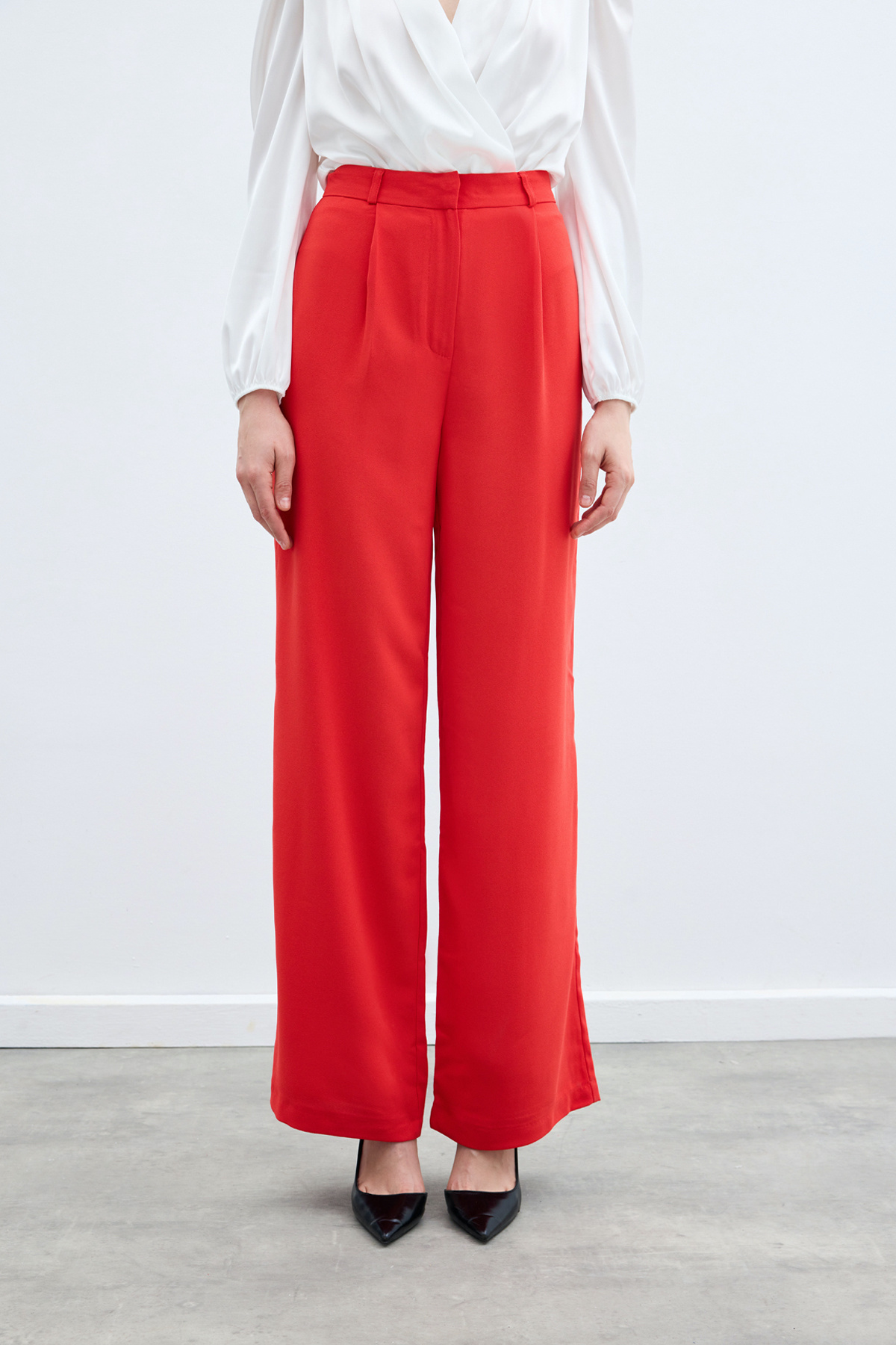 Pileli Krep Pantolon - Mercan