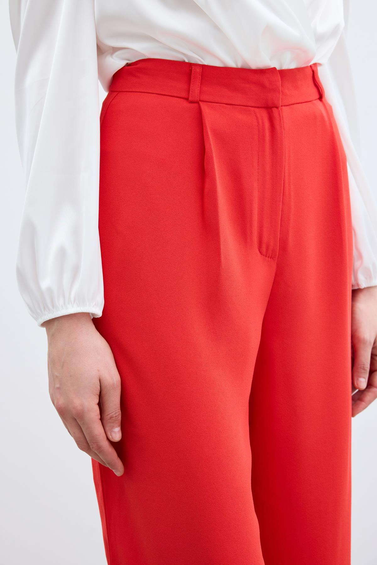 Pileli Krep Pantolon - Mercan