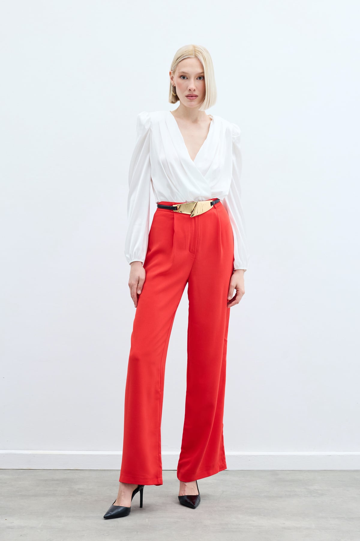 Pileli Krep Pantolon - Mercan