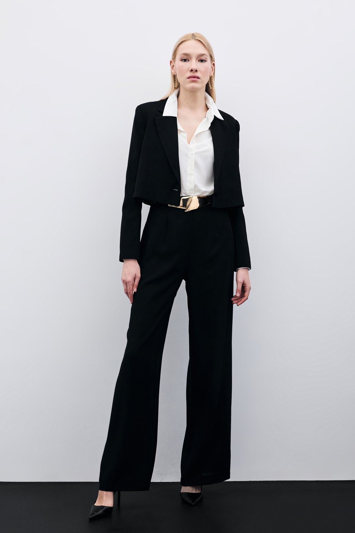 Pileli Krep Pantolon - Siyah