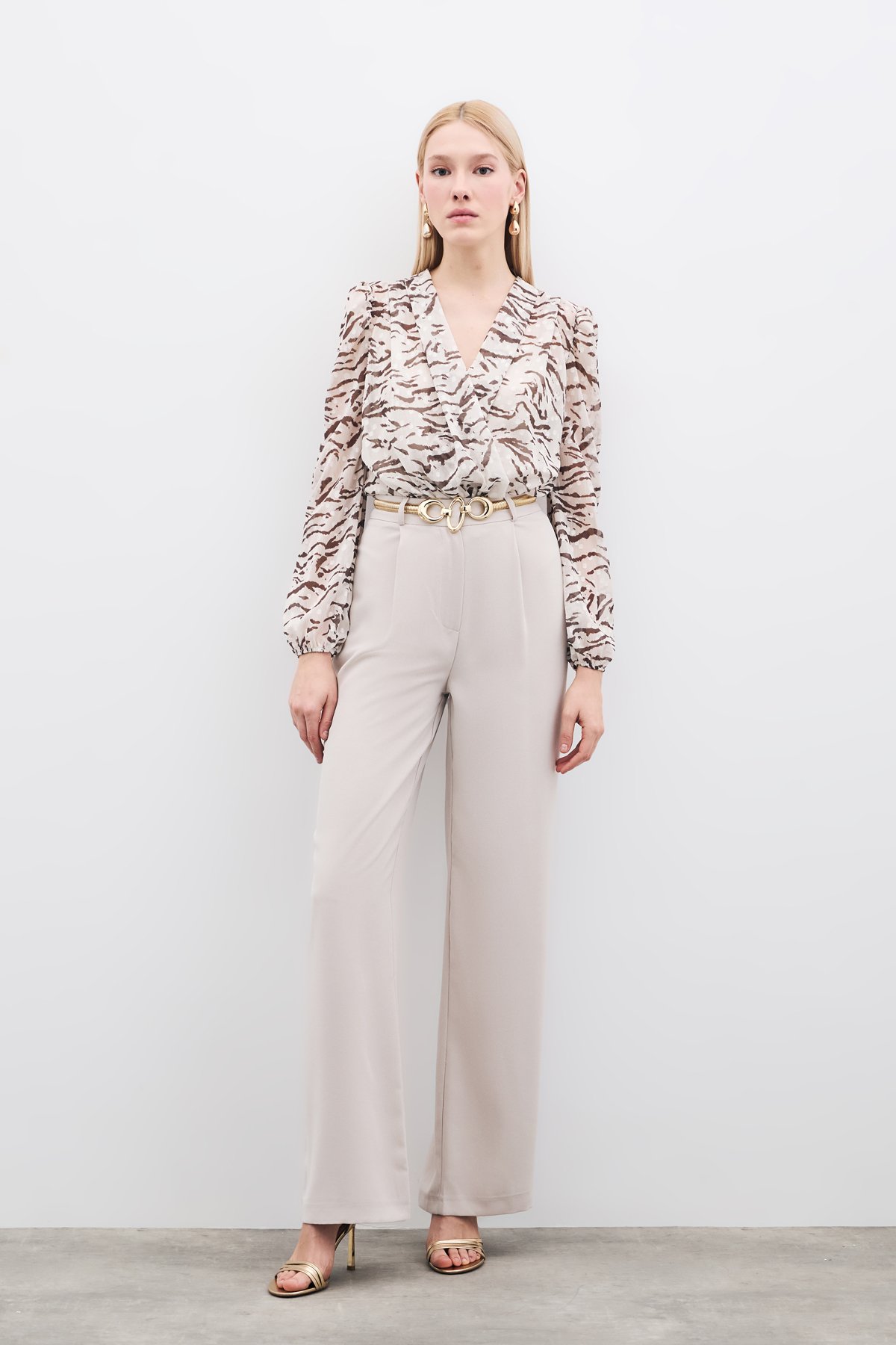 Pileli Krep Pantolon - Taş