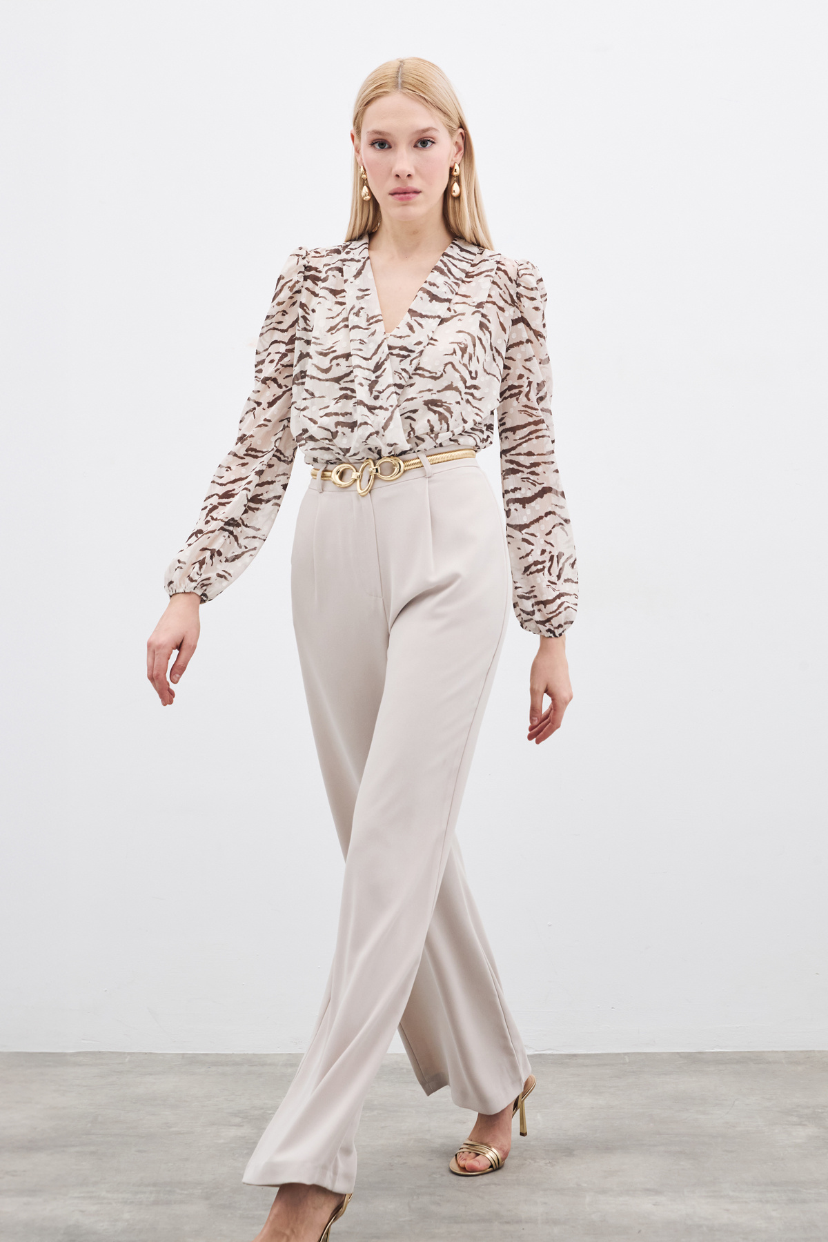 Pileli Krep Pantolon - Taş