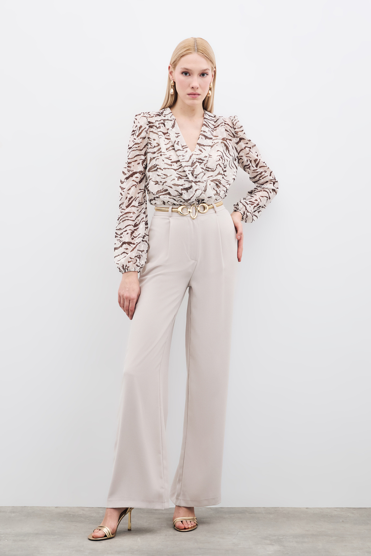 Pileli Krep Pantolon - Taş