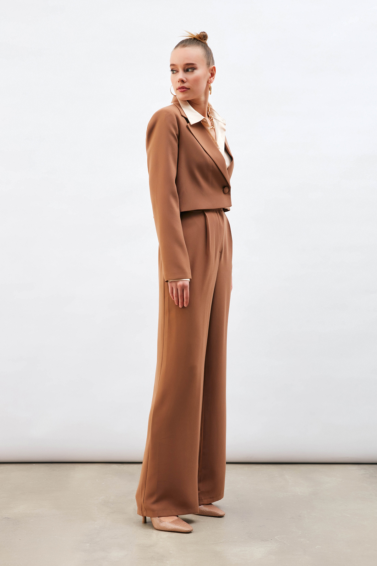 Pileli Krep Pantolon - VİZON