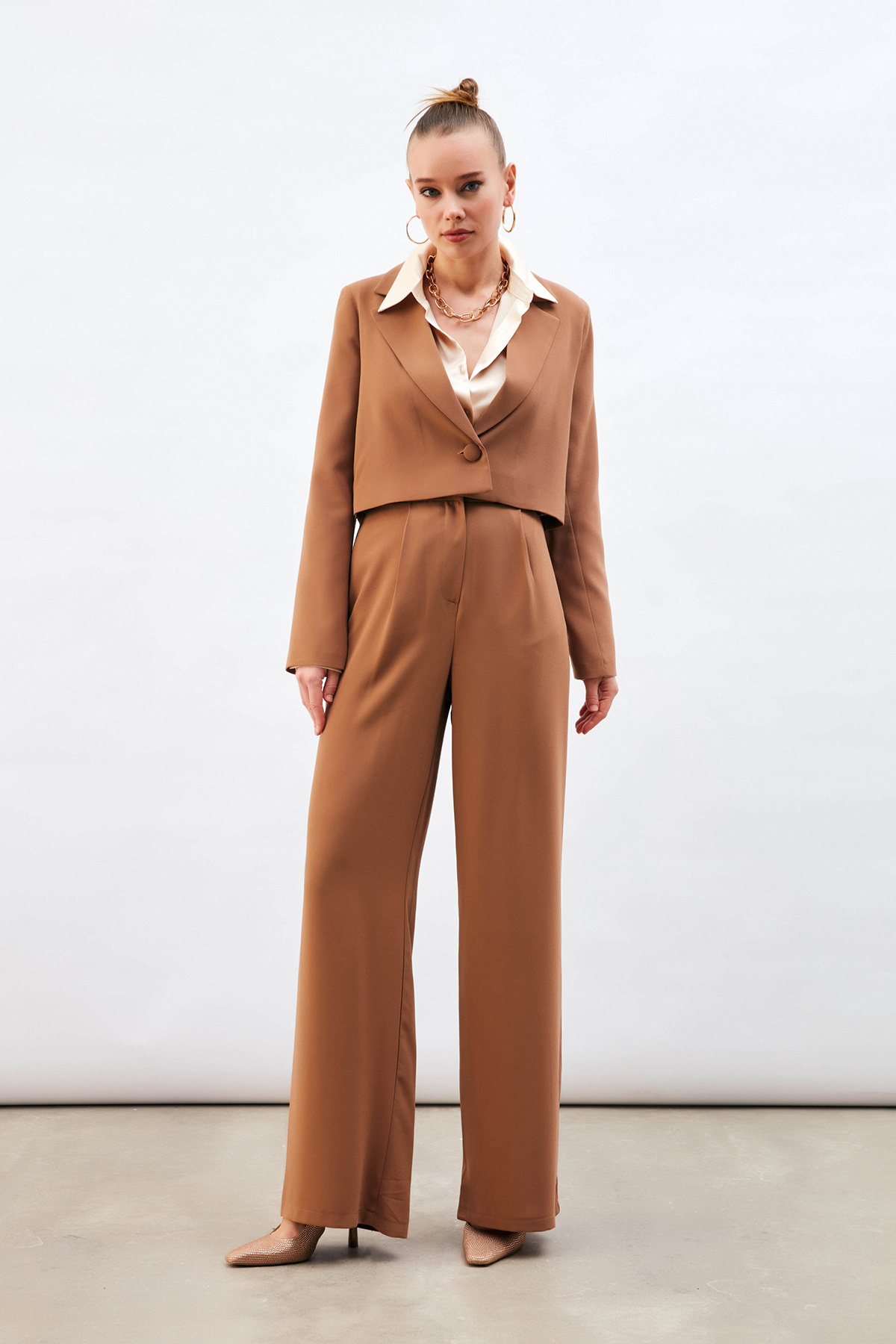 Pileli Krep Pantolon - VİZON