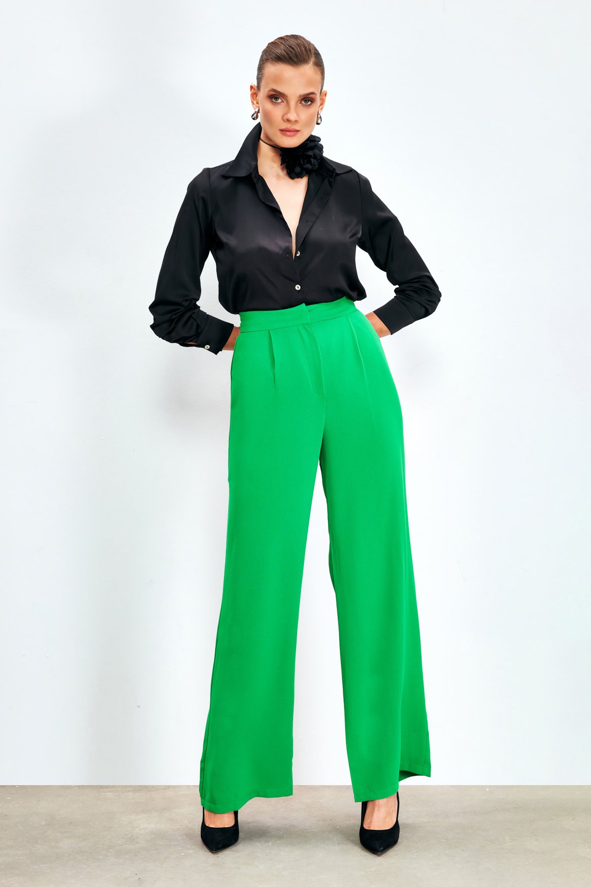 Pileli Krep Pantolon - YEŞİL