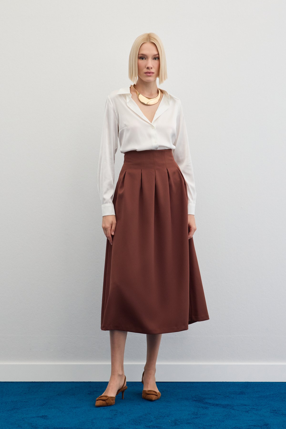 Pileli Midi Etek - Kahve