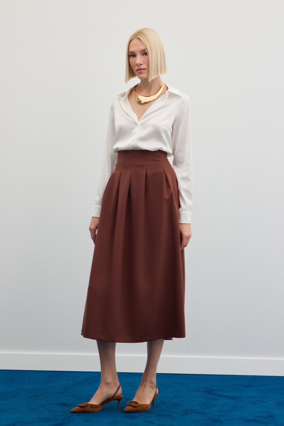 Pileli Midi Etek - Kahve