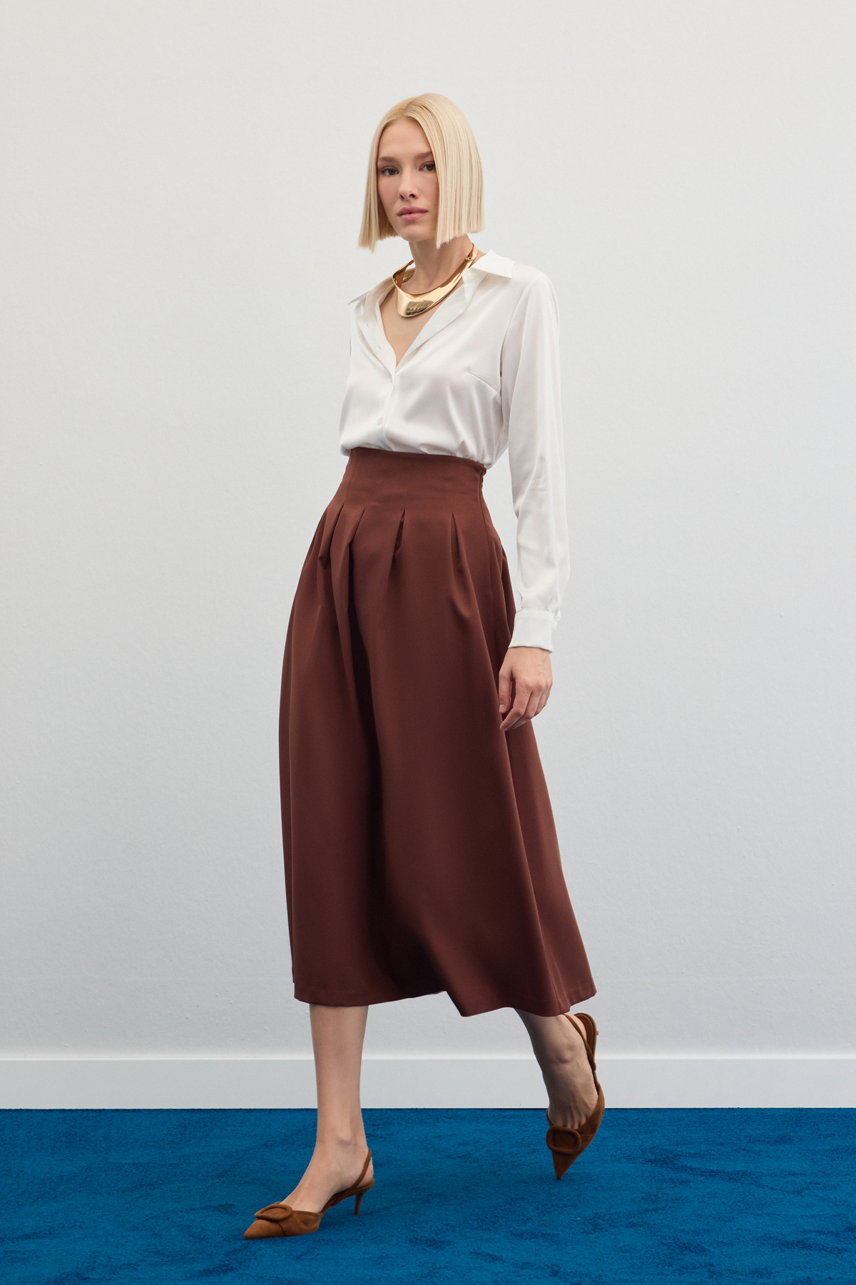 Pileli Midi Etek - Kahve