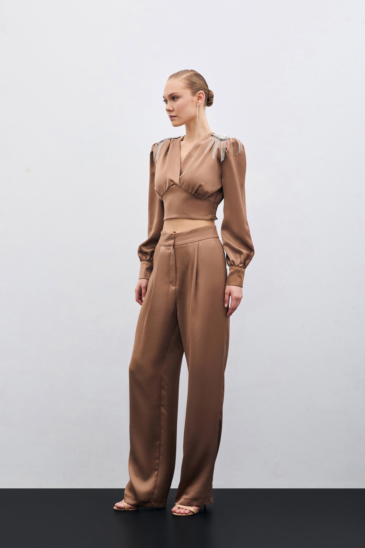 Pileli Saten Krep Pantolon - Camel