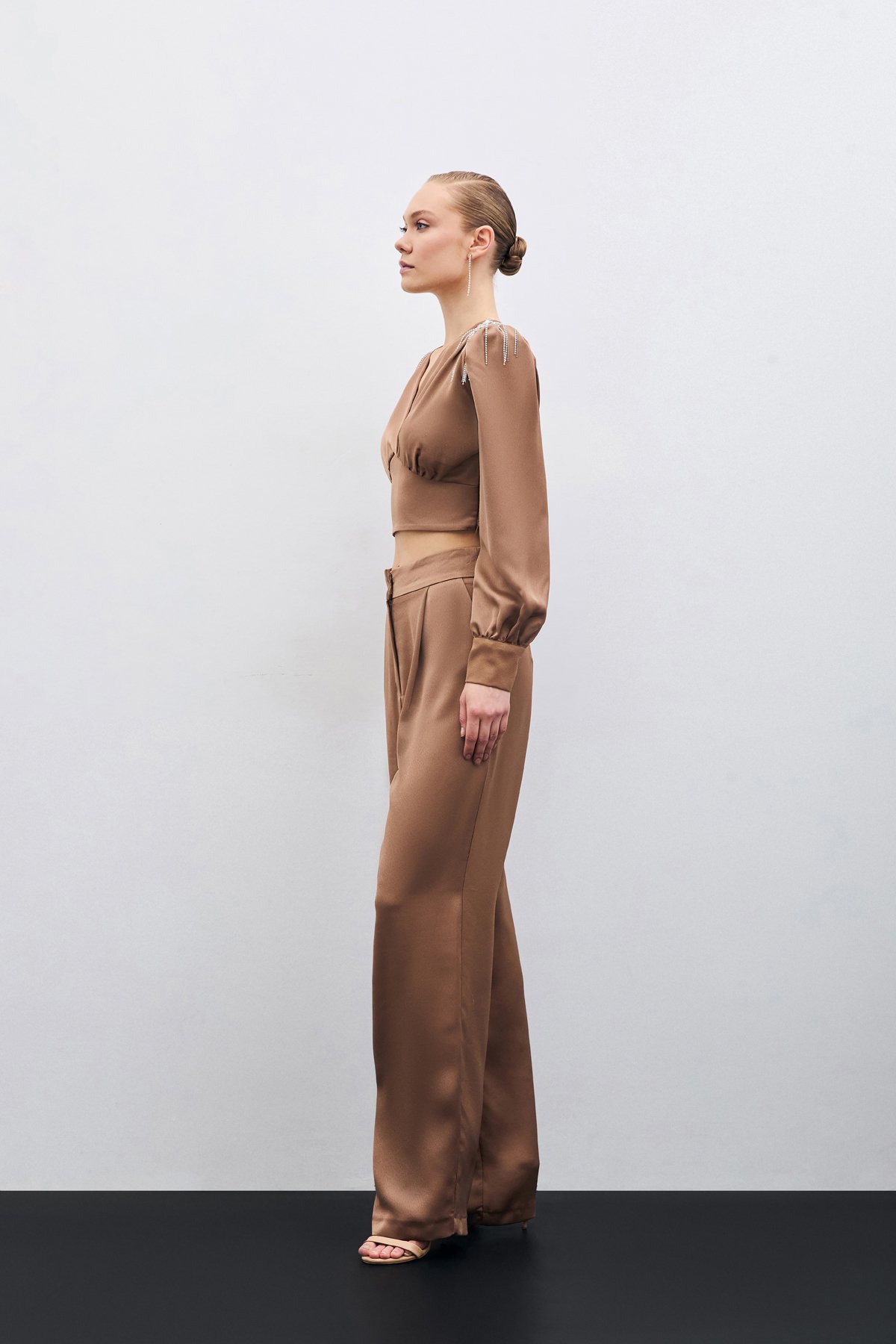 Pileli Saten Krep Pantolon - Camel