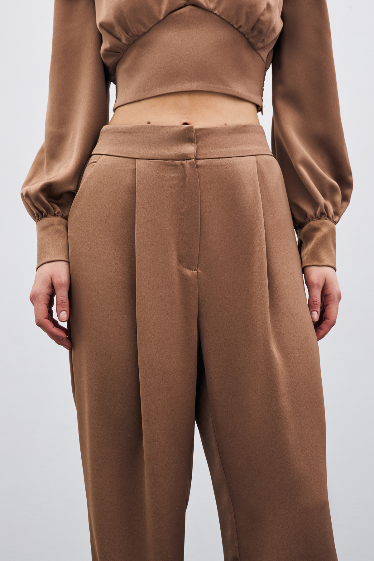 Pileli Saten Krep Pantolon - Camel