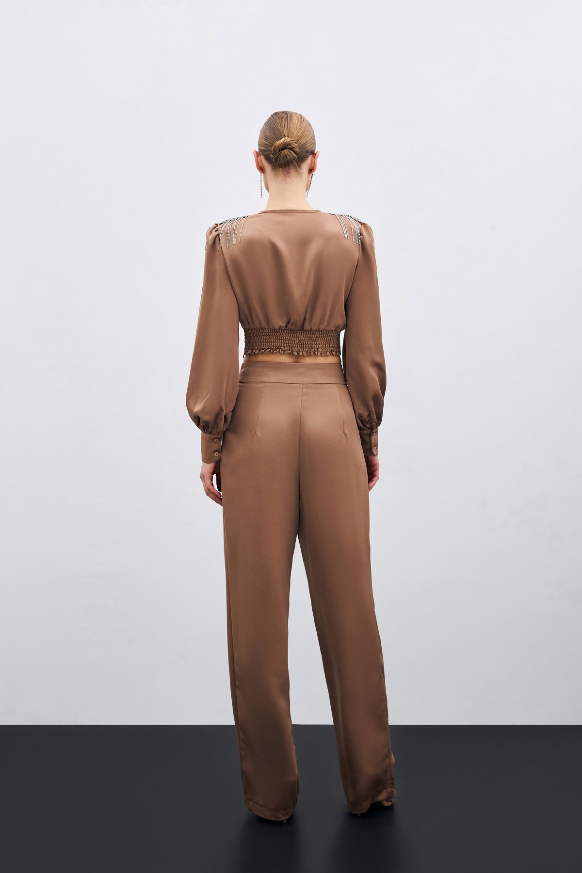 Pileli Saten Krep Pantolon - Camel