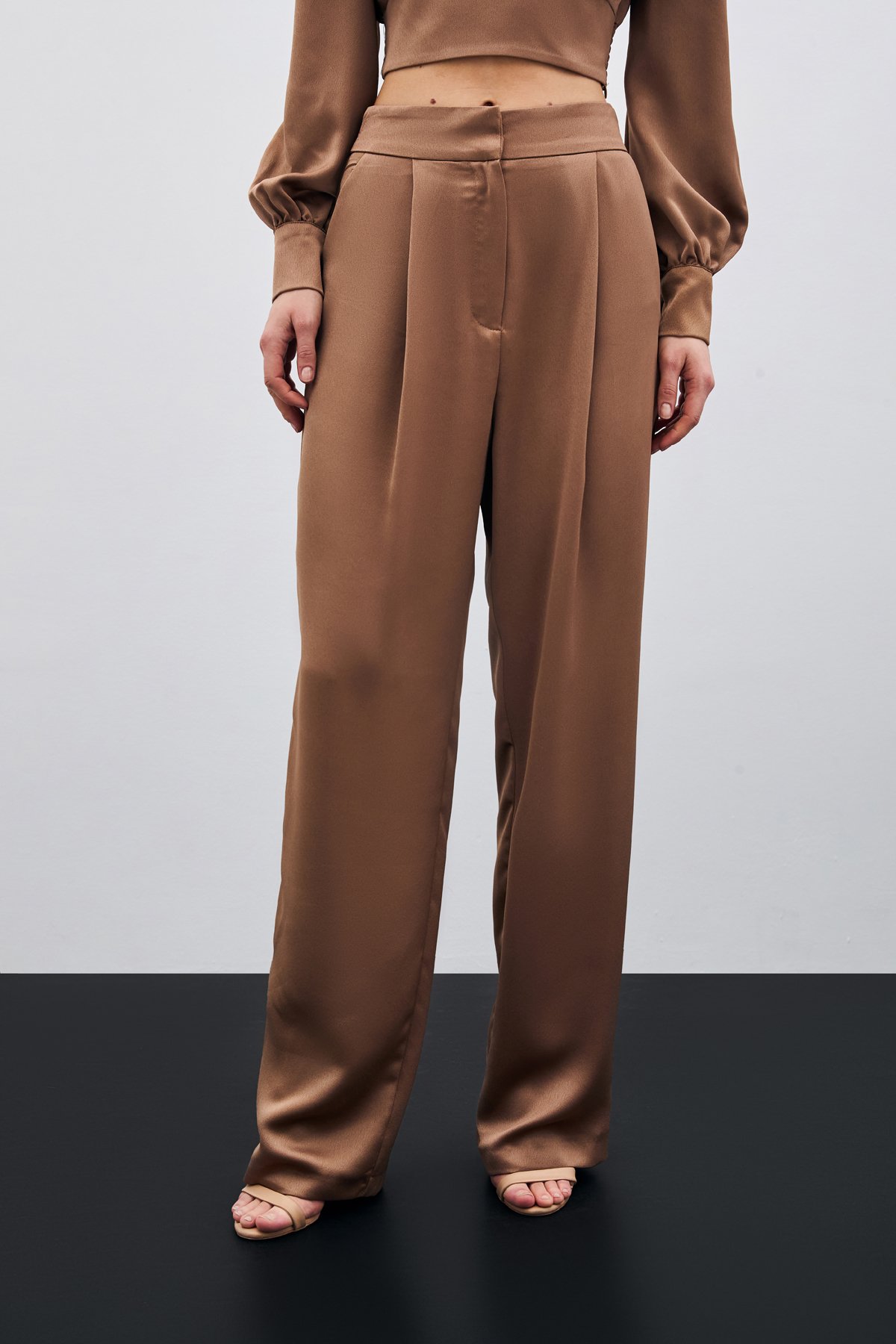 Pileli Saten Krep Pantolon - Camel