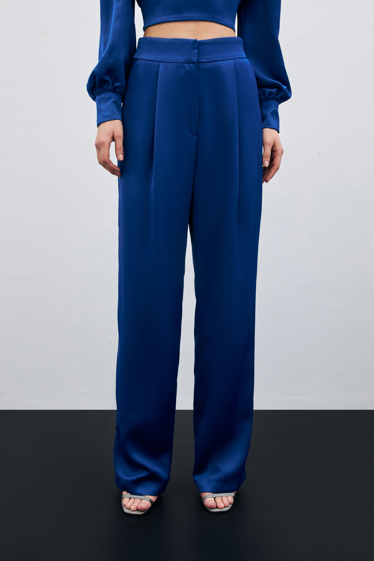 Pileli Saten Krep Pantolon - İndigo