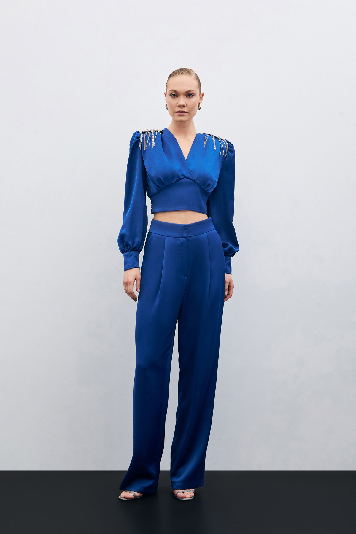 Pileli Saten Krep Pantolon - İndigo