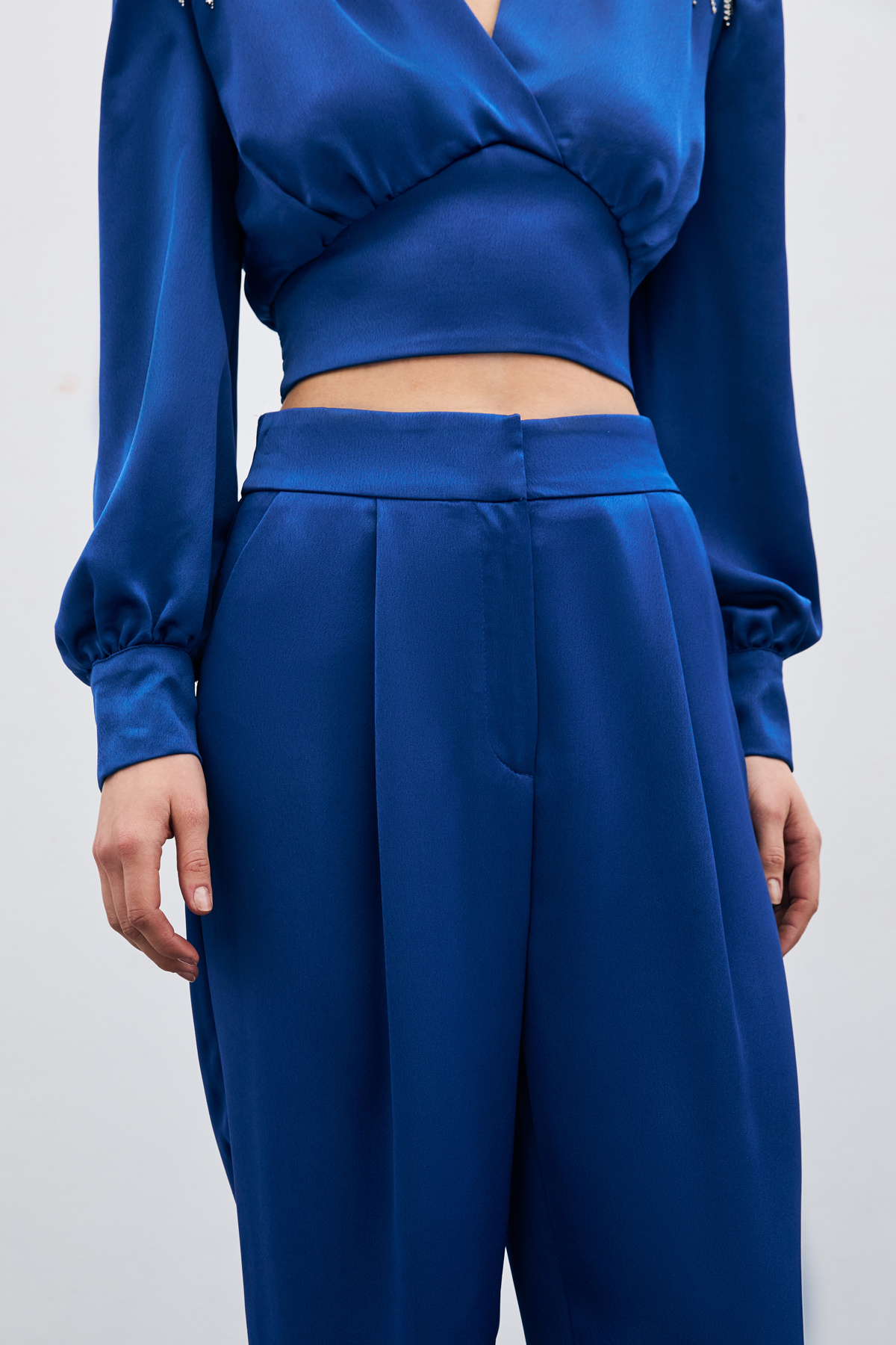 Pileli Saten Krep Pantolon - İndigo