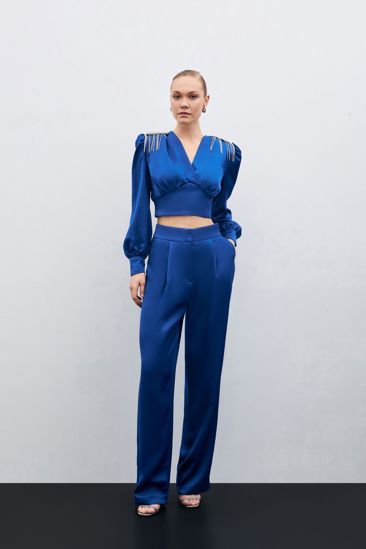 Pileli Saten Krep Pantolon - İndigo