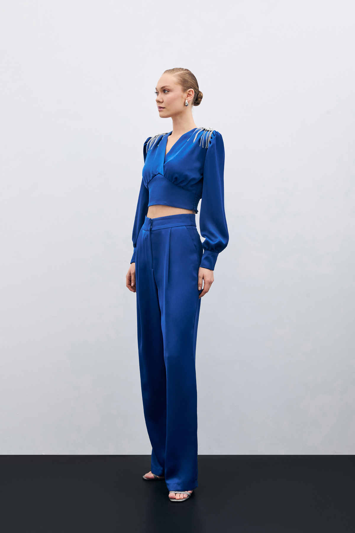 Pileli Saten Krep Pantolon - İndigo