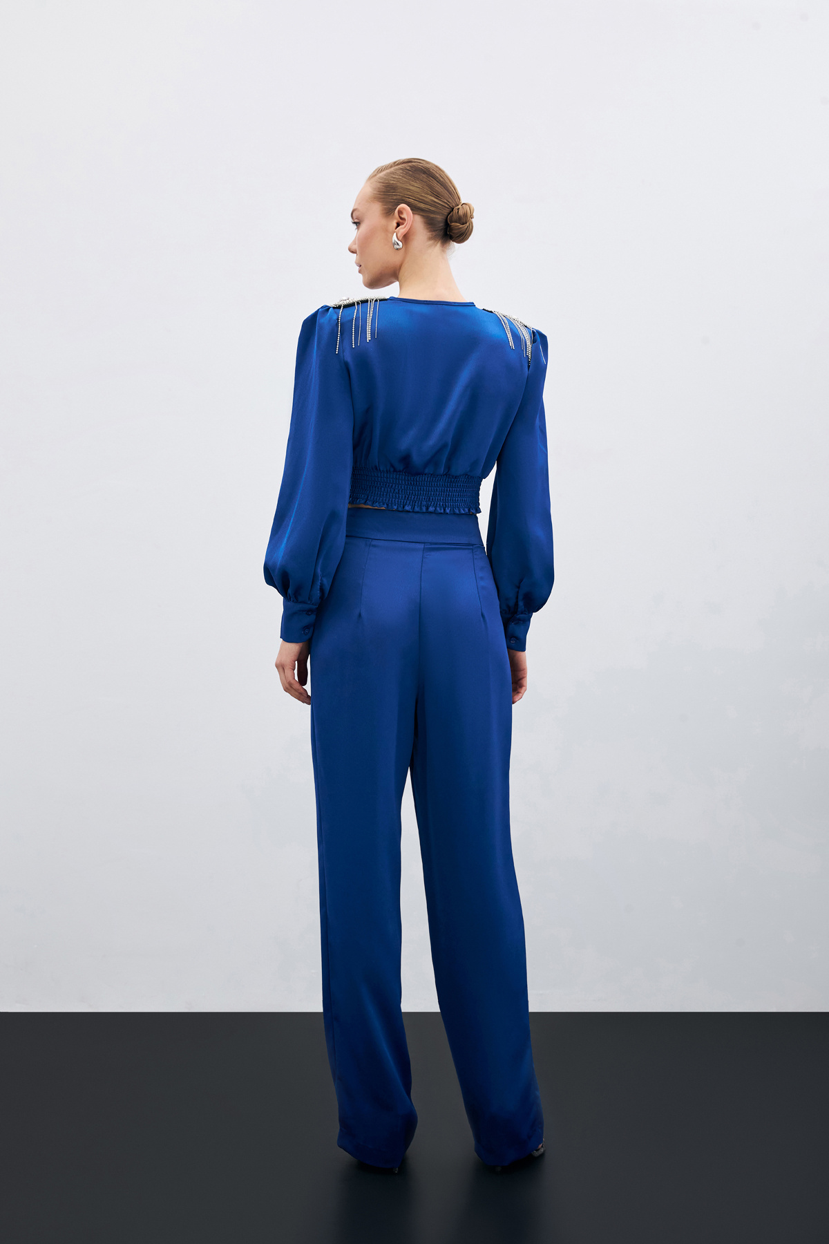 Pileli Saten Krep Pantolon - İndigo