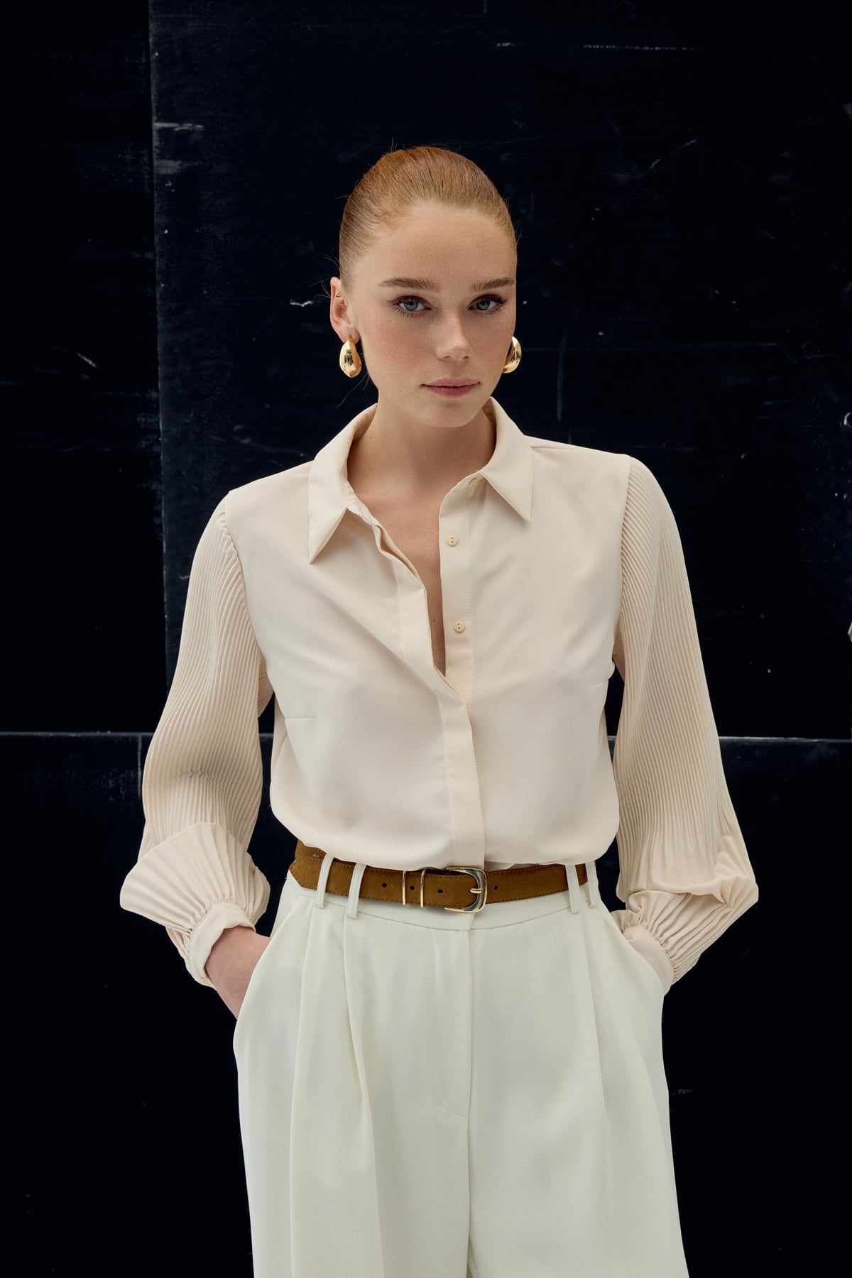 Pleated Sleeve Shirt - Beıge