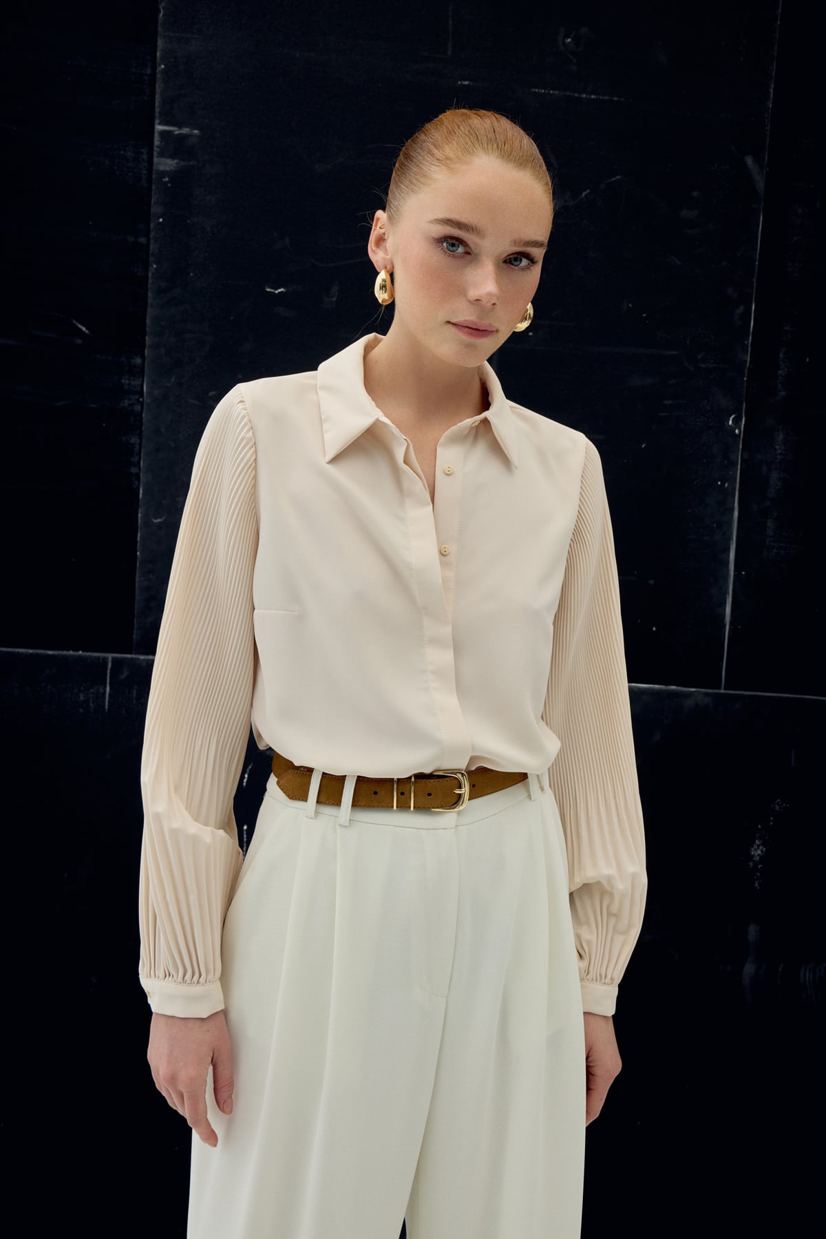 Pleated Sleeve Shirt - Beıge