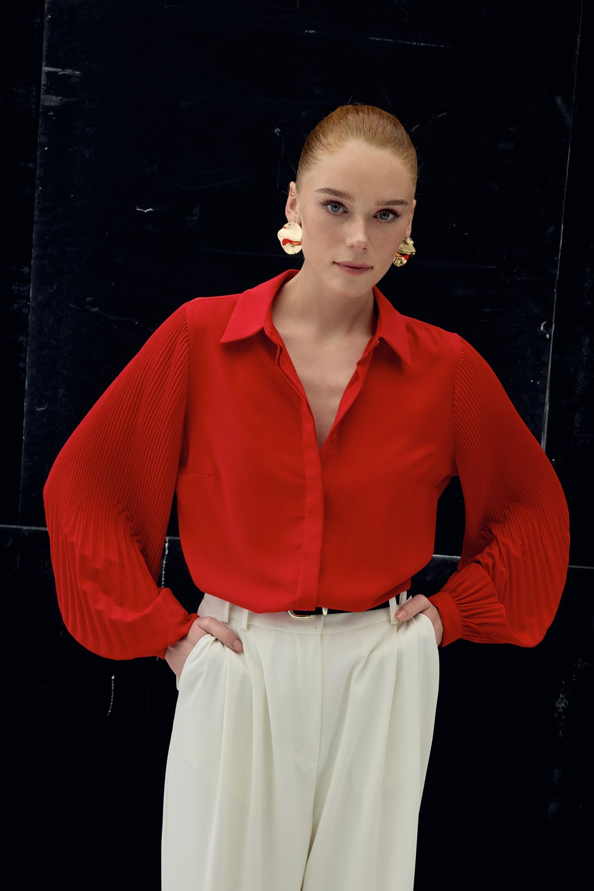 Pleated Sleeve Shirt - Red