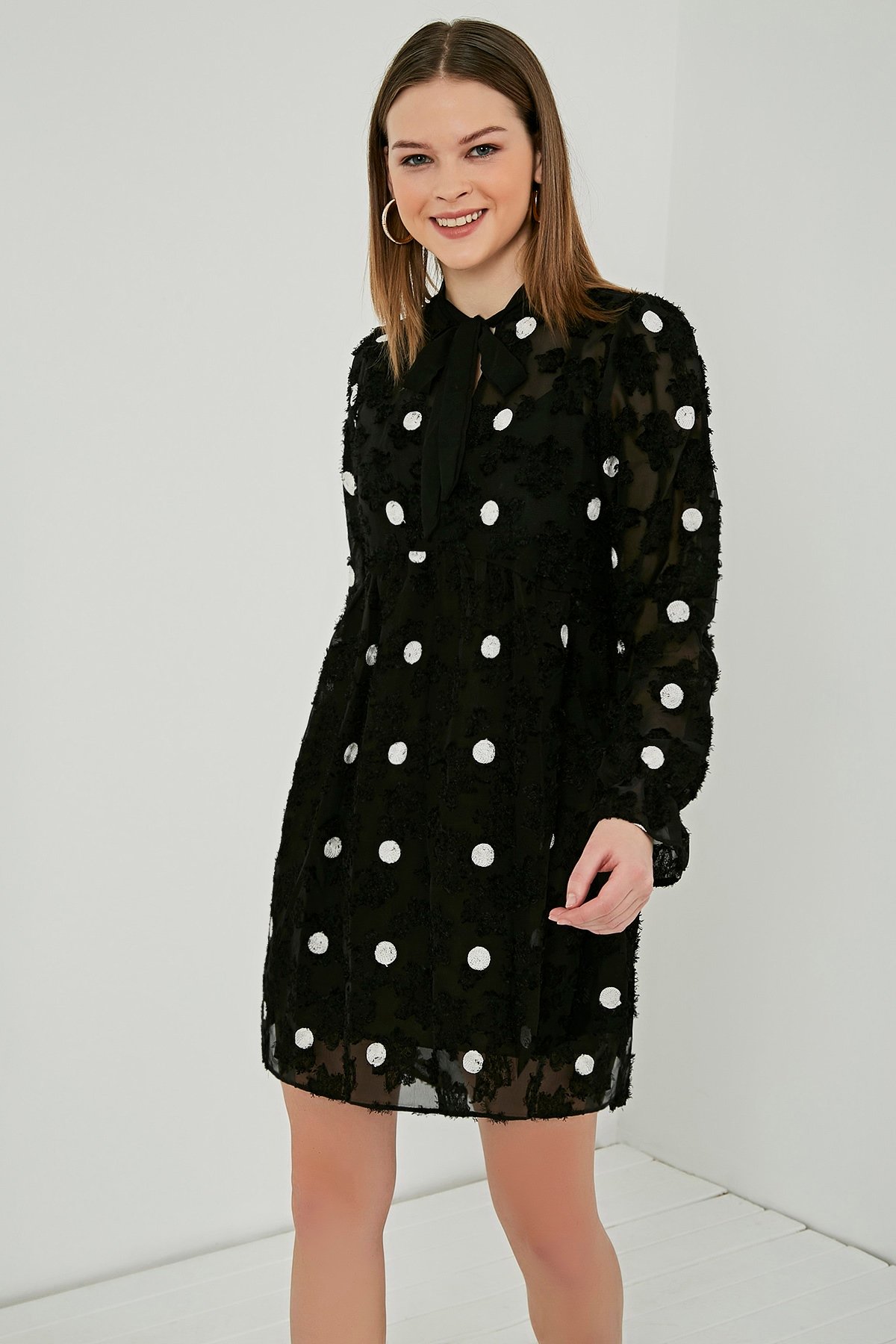 Points Chiffon Dress - BLACK WITH POINTS