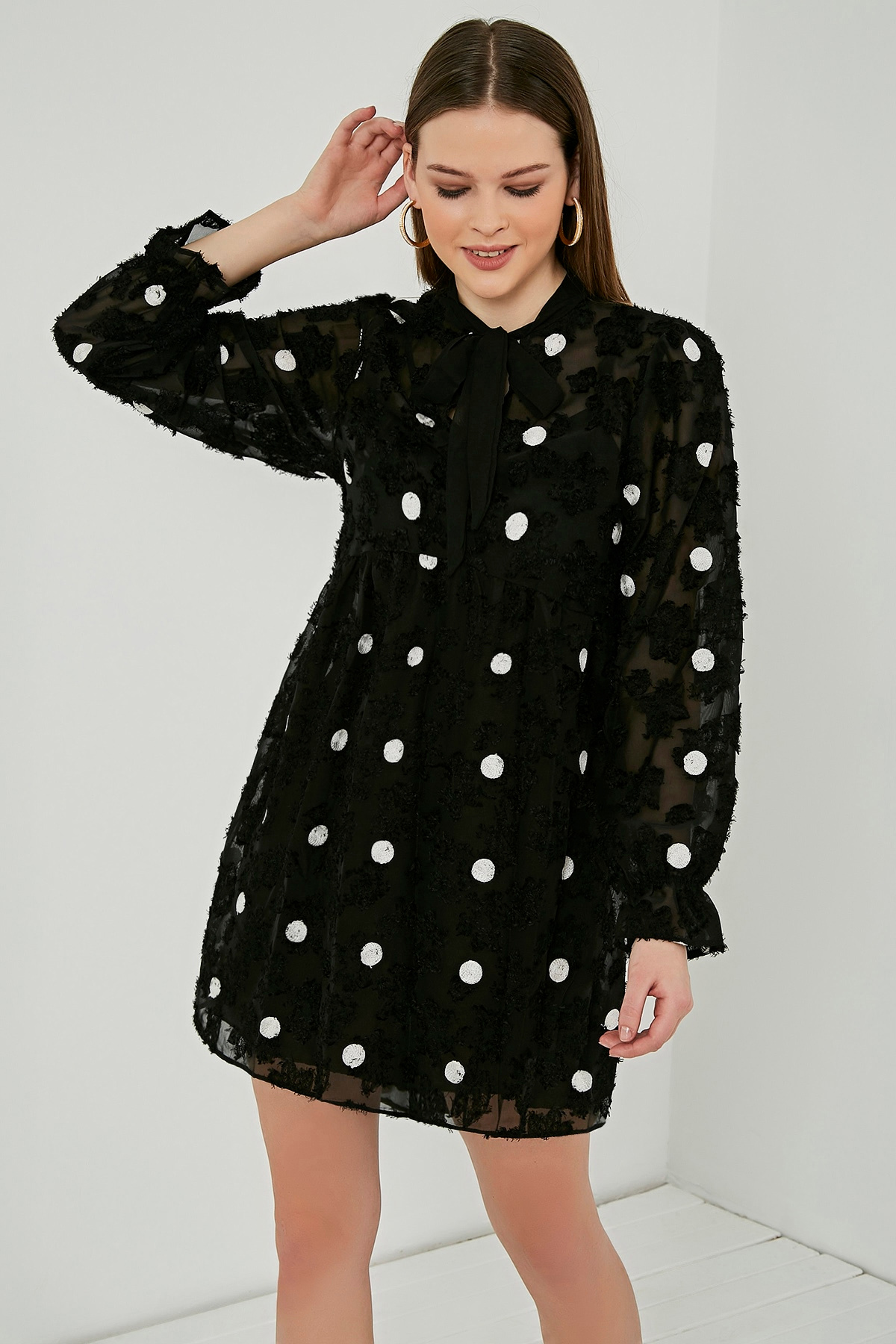 Points Chiffon Dress - BLACK WITH POINTS