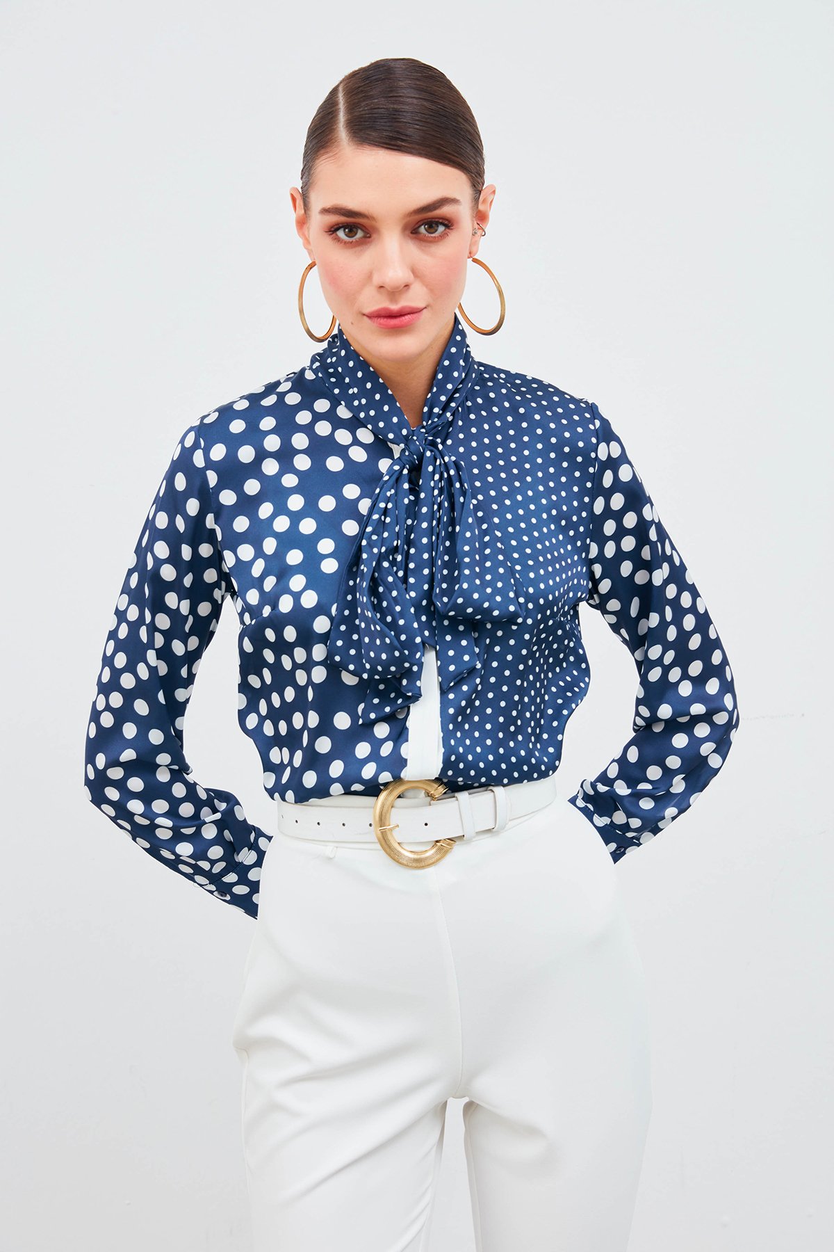 Polka Dot Patterned Scarf Shirt - BLUE