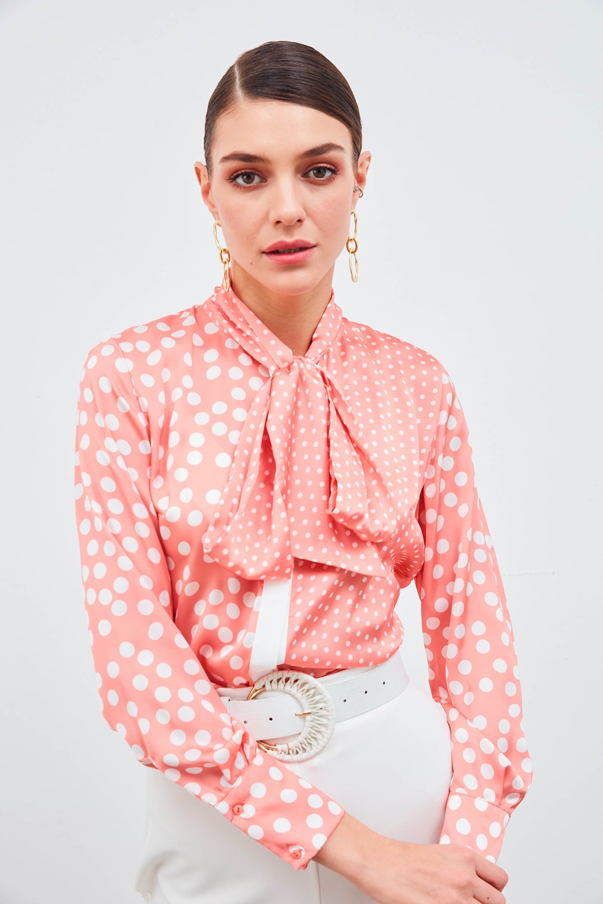 Polka Dot Patterned Scarf Shirt - POWDER
