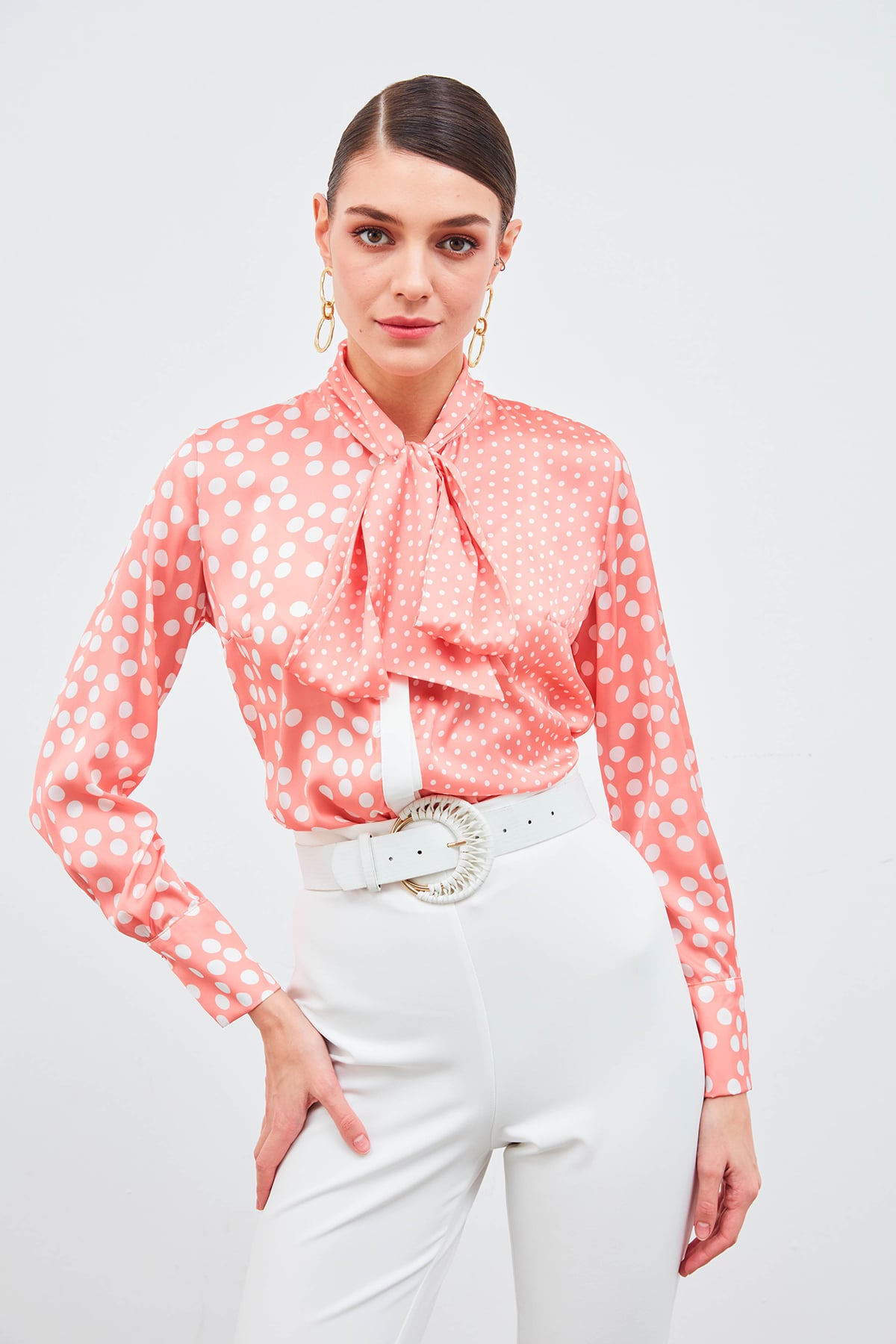 Polka Dot Patterned Scarf Shirt - POWDER
