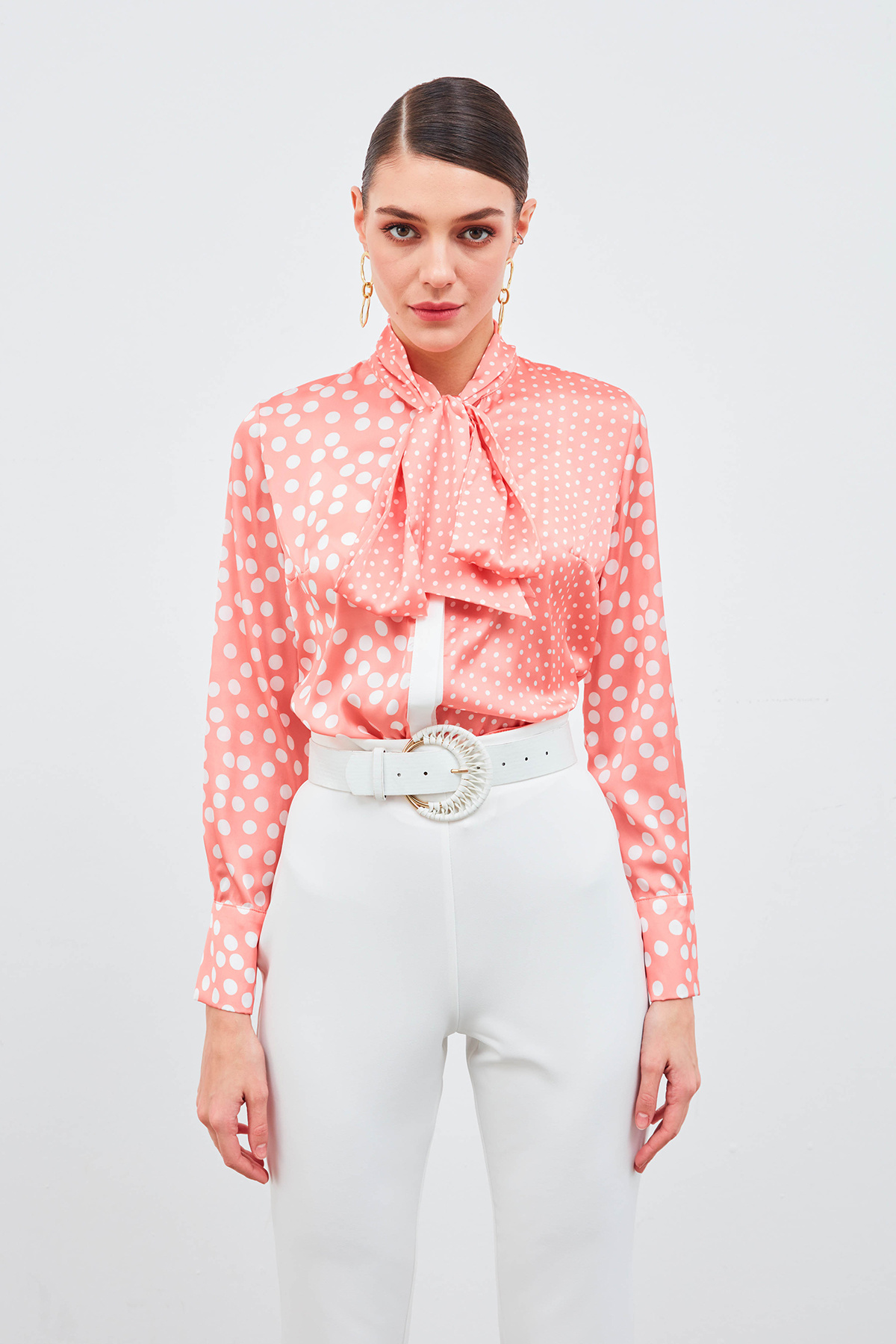 Polka Dot Patterned Scarf Shirt - POWDER