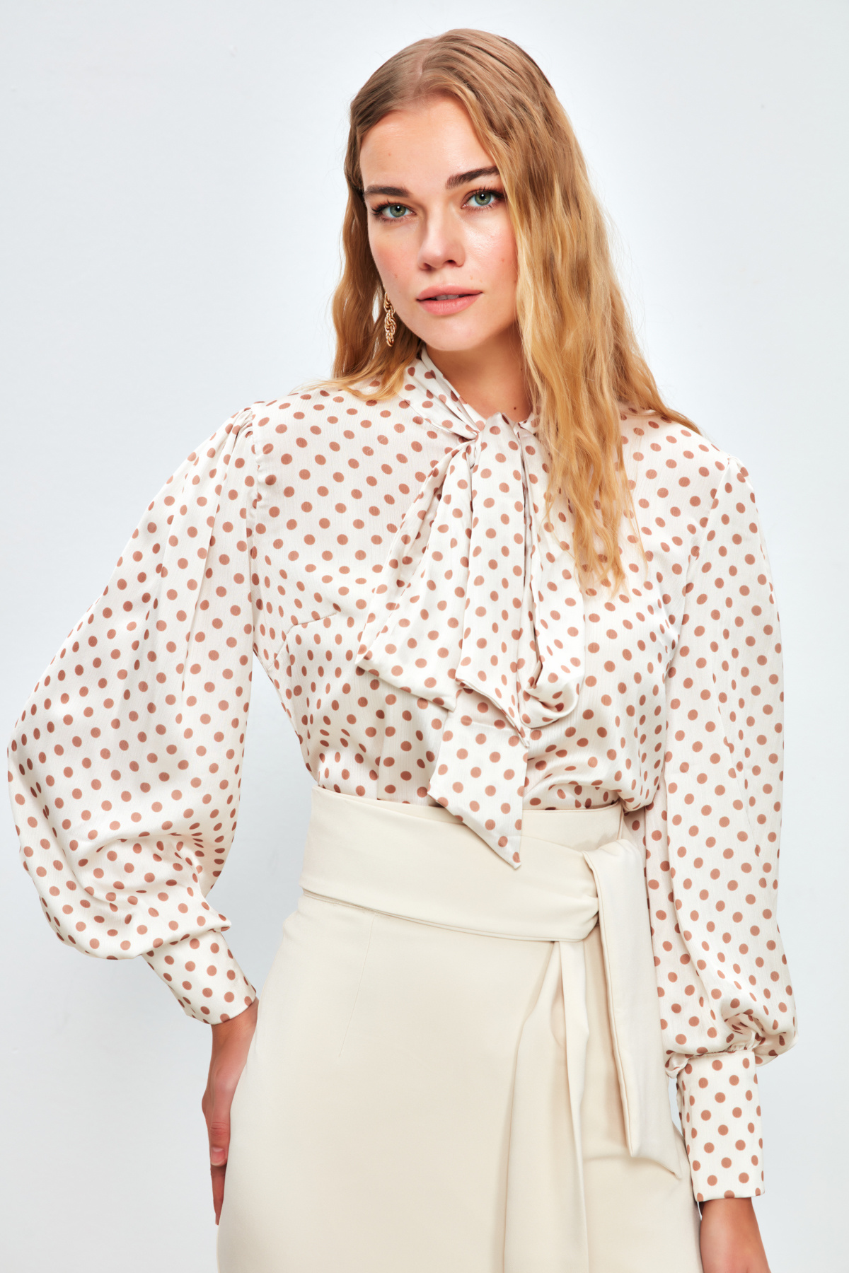 Puantiye Desenli Gömlek - EKRU-CAMEL