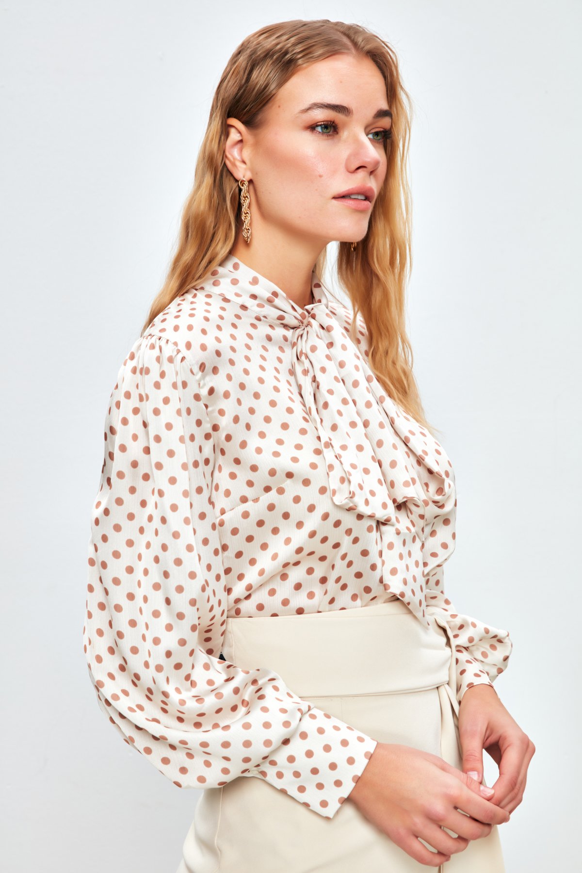 Puantiye Desenli Gömlek - EKRU-CAMEL