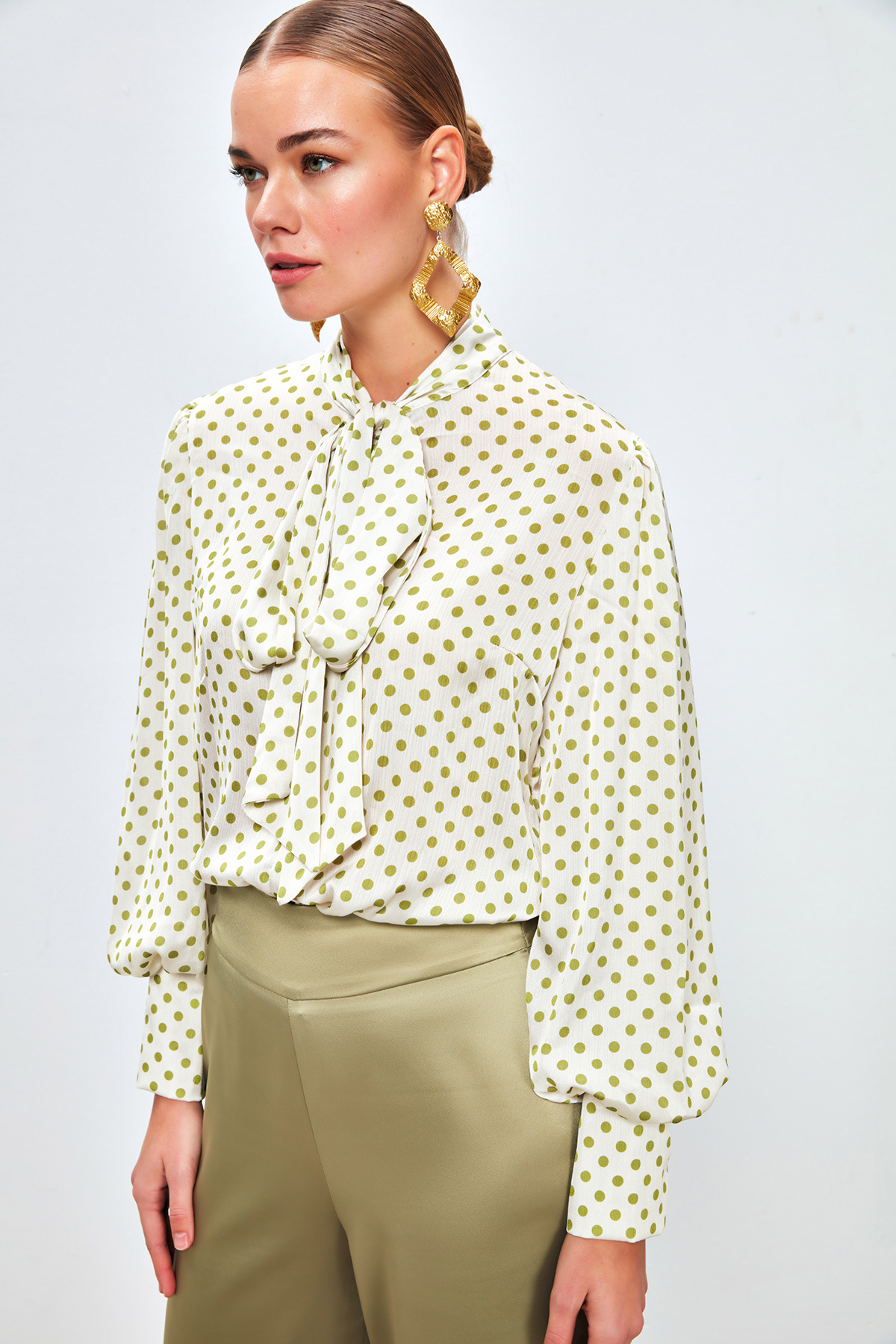 Puantiye Desenli Gömlek - EKRU-YEŞİL