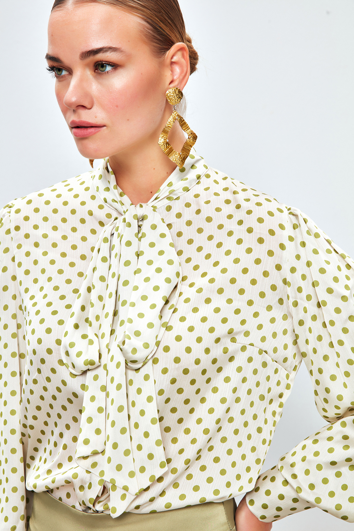 Puantiye Desenli Gömlek - EKRU-YEŞİL