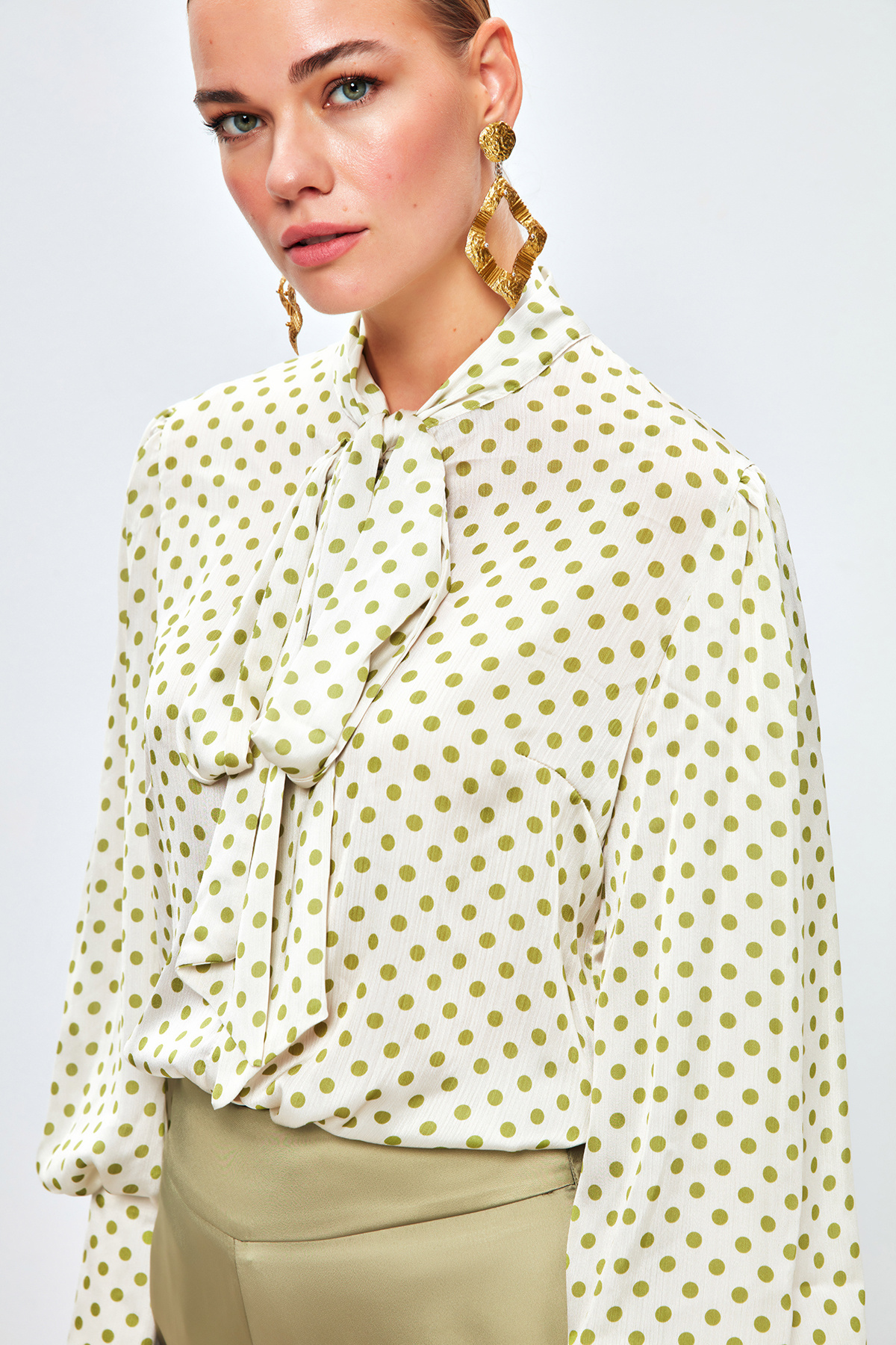 Puantiye Desenli Gömlek - EKRU-YEŞİL