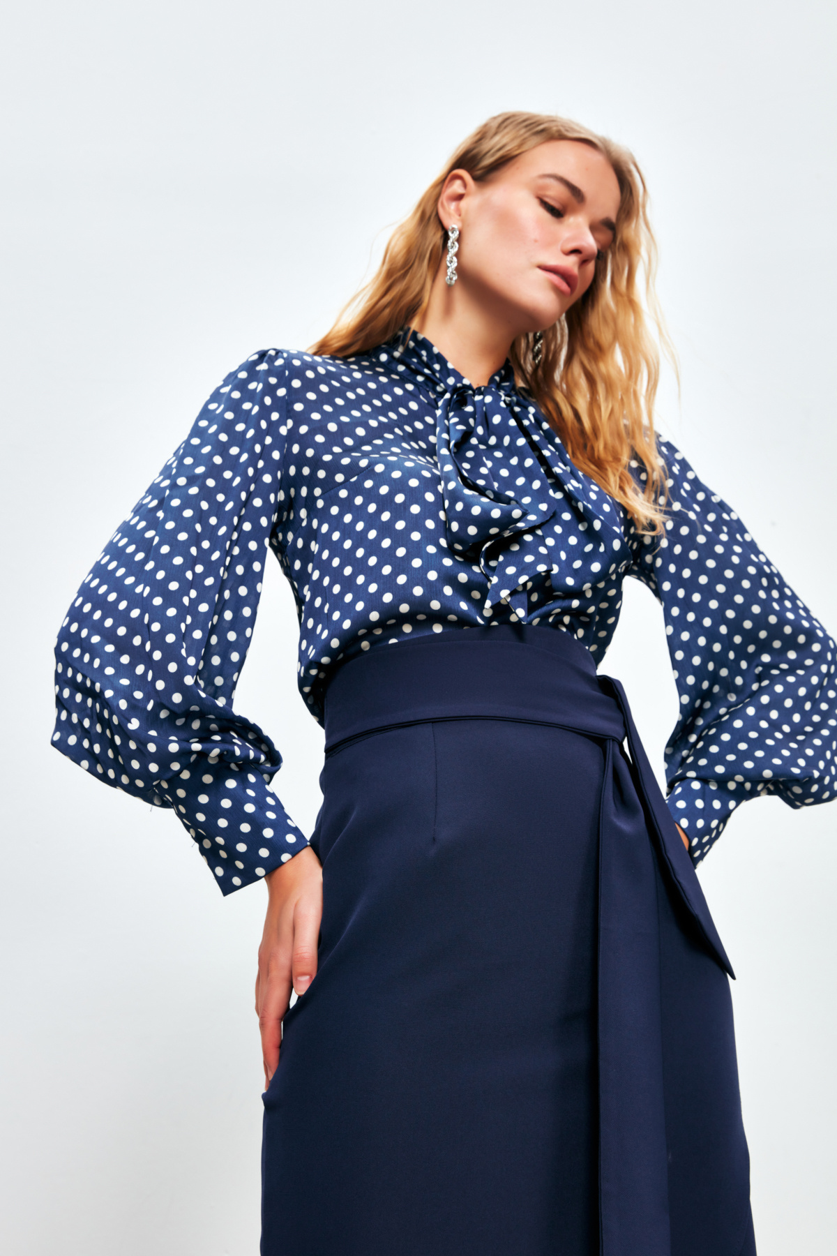 Puantiye Desenli Gömlek - LACİVERT-EKRU