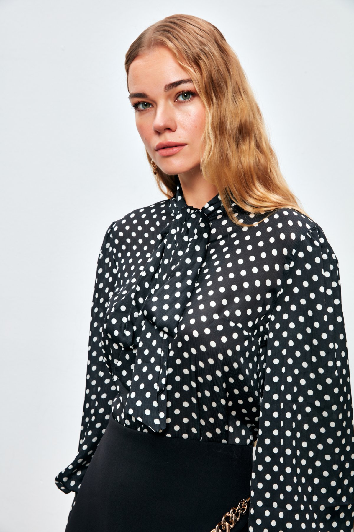 Puantiye Desenli Gömlek - SİYAH-EKRU